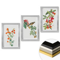 WANDBILDER 3er Set - 20x30 cm Silberner Rahmen - Gemalte Blumen und ein Vogel - Silberfarben, Kunststoff (20/30cm) - ArtPrintCave