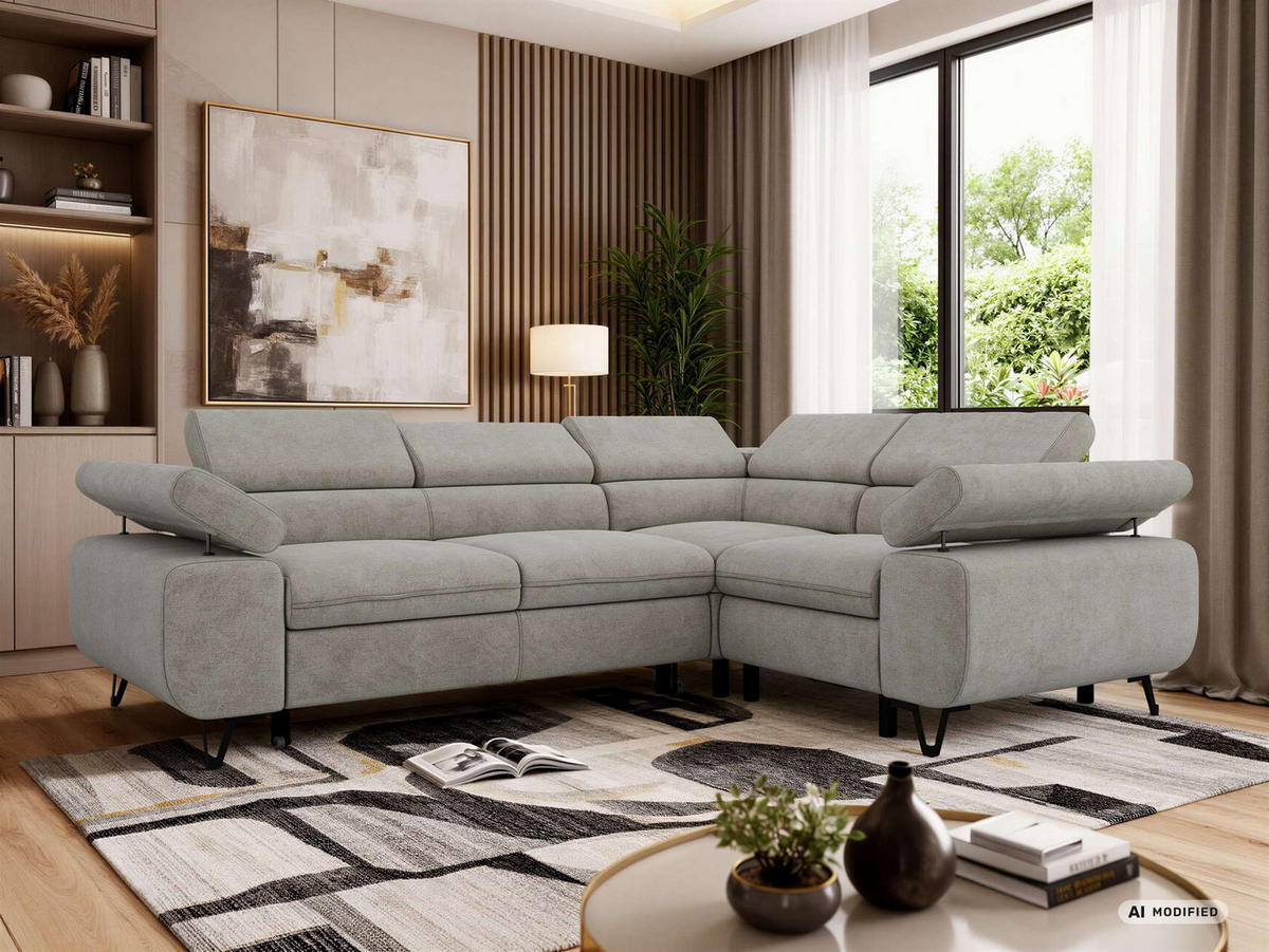 ECKSOFA FALCO L - Hellgrau Stukture - Rechts Seite - Hellgrau/Schwarz, Textil/Metall (268/197cm) - MKS
