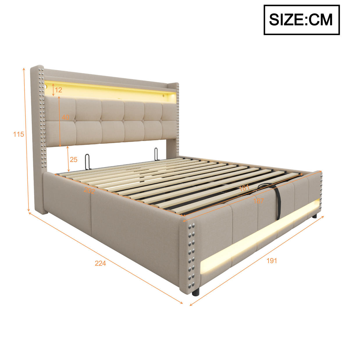 POLSTERBETT mit Stauraum und LED 180x200 cm Beige - Beige, Metall (180/200cm) - Meubliv