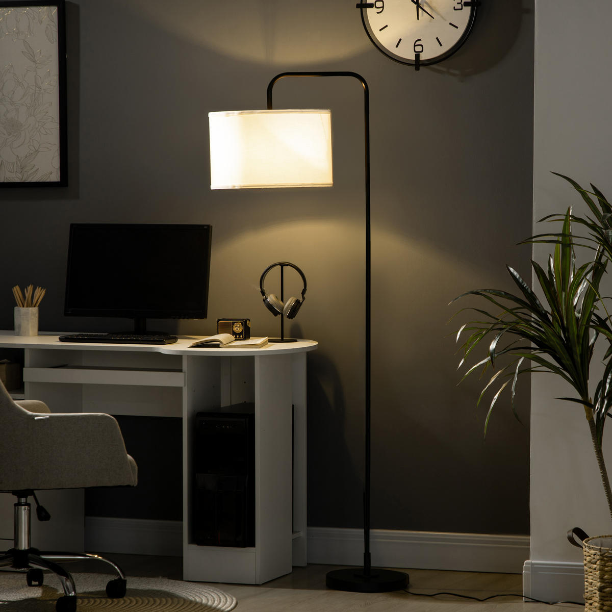 STEHLAMPE Wohnzimmer Stehleuchte mit Stoff-Lampenschirm, Fußschalter, Weiß - Weiß, Metall (64/38/163.5cm) - HOMCOM