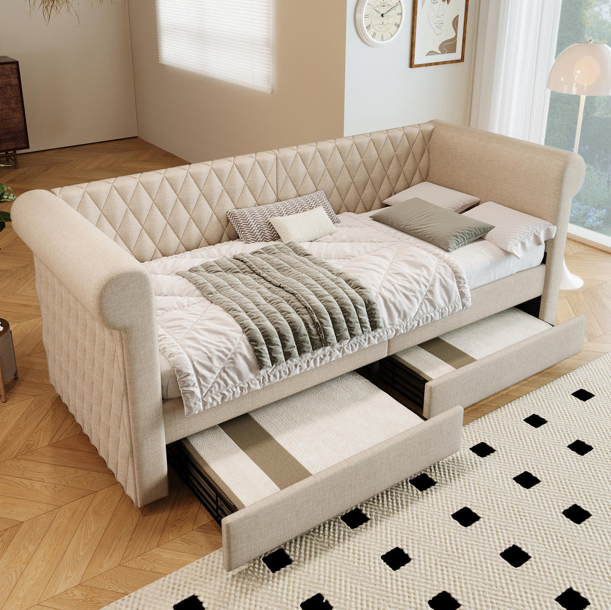 ČALOUNĚNÁ postel s lněným potahem, 90/200 cm béžová, se 2 zásuvkami - béžová, textil (90/200cm) - BEAOK