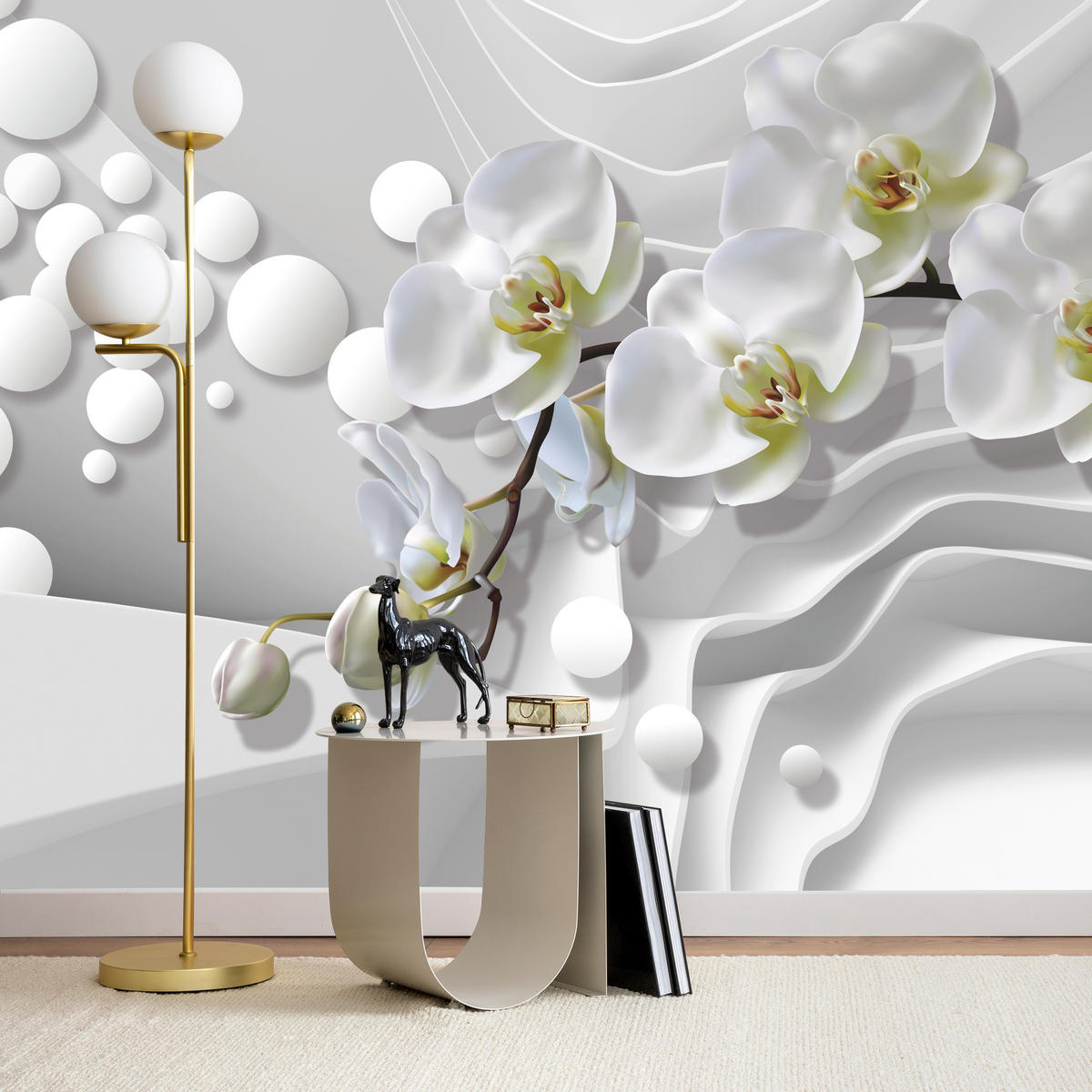 FOTOTAPETE für Badezimmer Geometrische Abstraktion Weiße Orchideen Blumen 300x210 - Gelb/Weiß, Papier (300/210cm) - Muralo