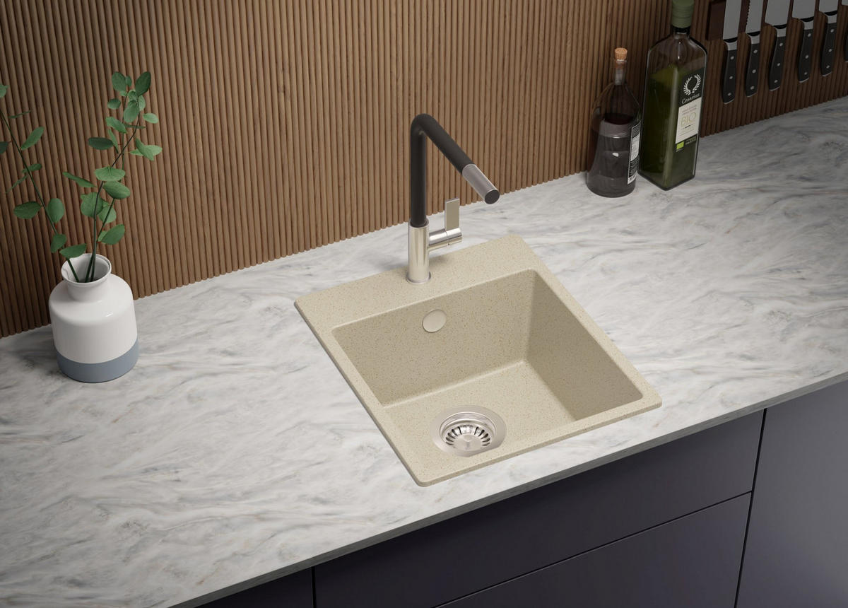 GRANITSPÜLE Riga Easy, 2-er set Beige 38/44 cm 1 Becken + Küchenarmatur 38/14 cm + Ablauf-Set ab 40er Unterschrank - Chromfarben/Beige, Kunststoff (38/19/44cm) - Primagran