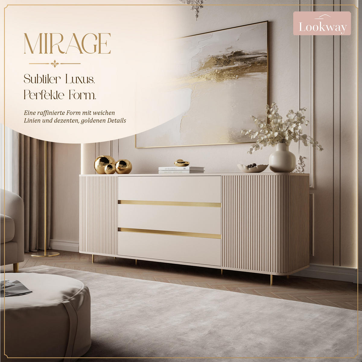 KOMMODE MIRAGE GOLD 2D3S mit geriffelten Seiten und goldenen Details - Beige, Holzwerkstoff (180/73/40cm) - Lookway