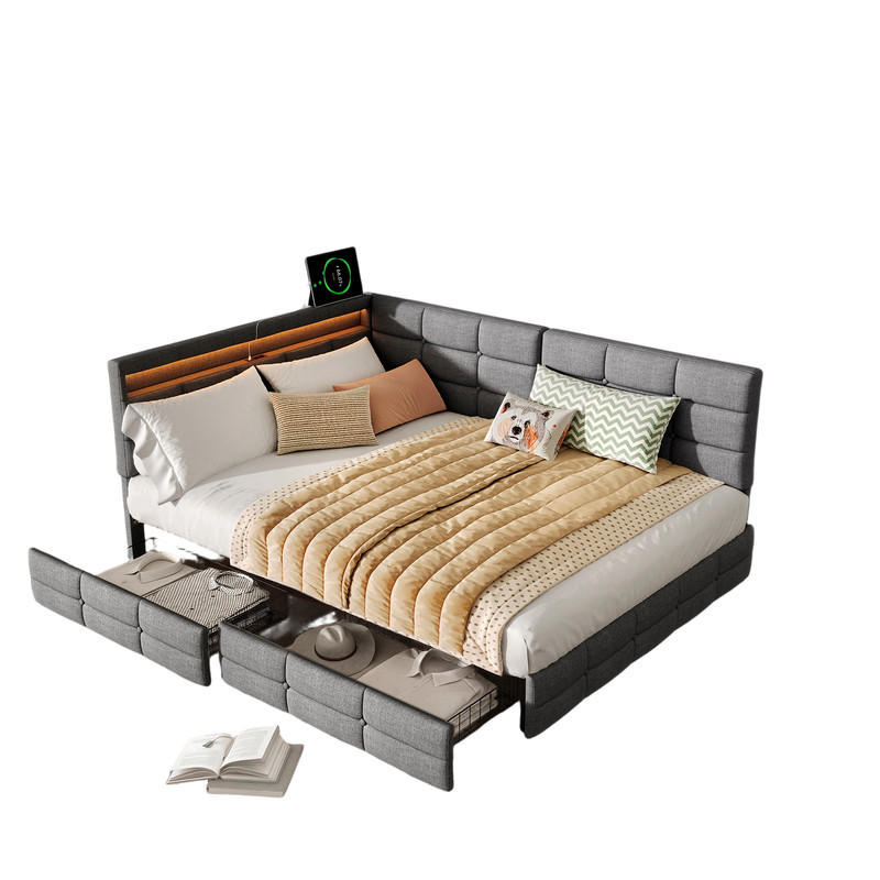 POLSTERBETT 140/190 cm Grau mit Schublade und USB-Anschlüssen - Grau, Holz (140/190cm) - SHOPENTRA