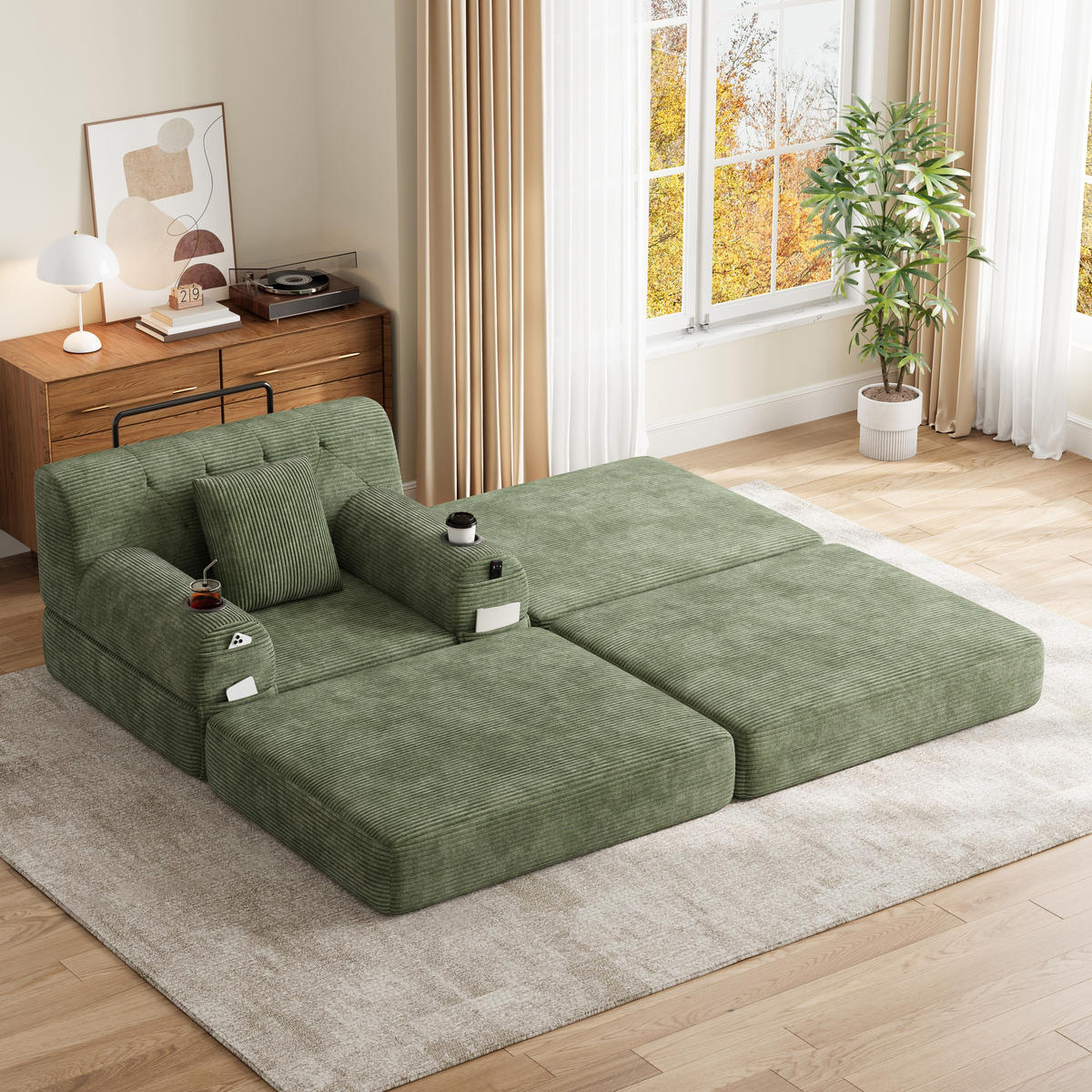 SCHLAFSOFA mit Hocker, Liegefunktion und Getränkehaltern aus Cord in Grün - Grün, Textil (191/60/162cm) - EVRYAE