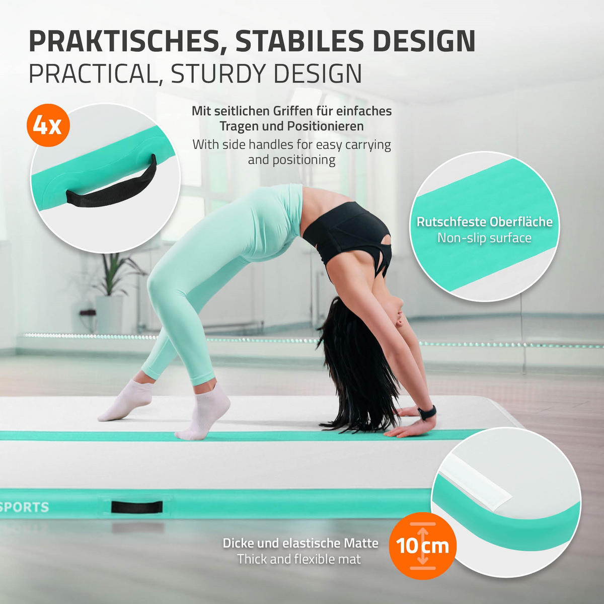 NAFUKOVACÍ gymnastická podložka Airtrack 500 x 100 x 10 cm, mintově zelená - zelená barva, plast (100/500cm) - ECD-Germany