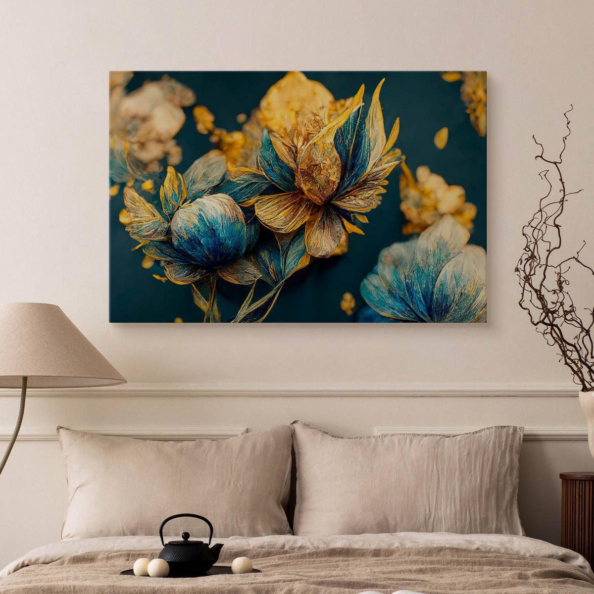 LEINWANDBILD Abstrakte Blumen 3D Glamour Stil 40cm x 30cm - Türkis/Blau, Textil (40/30cm) - Muralo