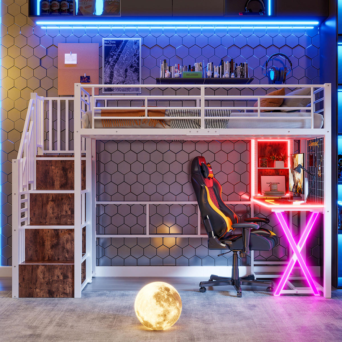HOCHBETT 90/200 cm in Weiß mit LED, Schreibtisch, Kleiderschrank und Ablageleiter - Weiß, Holzwerkstoff/Metall (90/200cm) - STILVORA