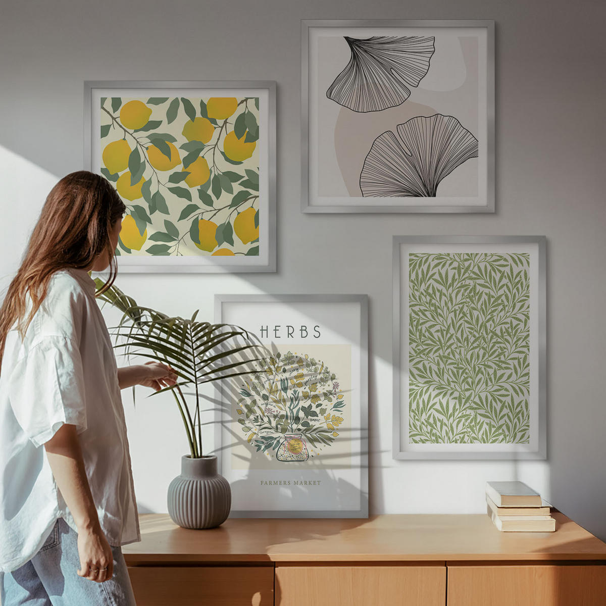 WANDBILDER 4er Set - 50x50 cm & 40x60 cm Silberner Rahmen - Zitronenkräuter und -blätter - Silberfarben, Kunststoff (50/50cm) - ArtPrintCave