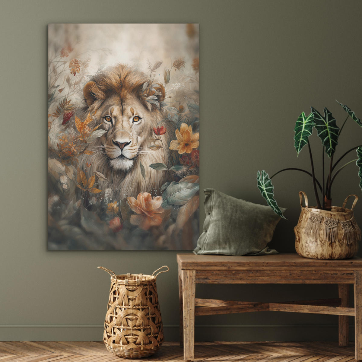 AKUSTIKPANEEL Löwe - Wildtiere - Pflanzen - Natur - Blumen 70x100 cm - Beige, Textil (70/0.9/100cm) - MuchoWow