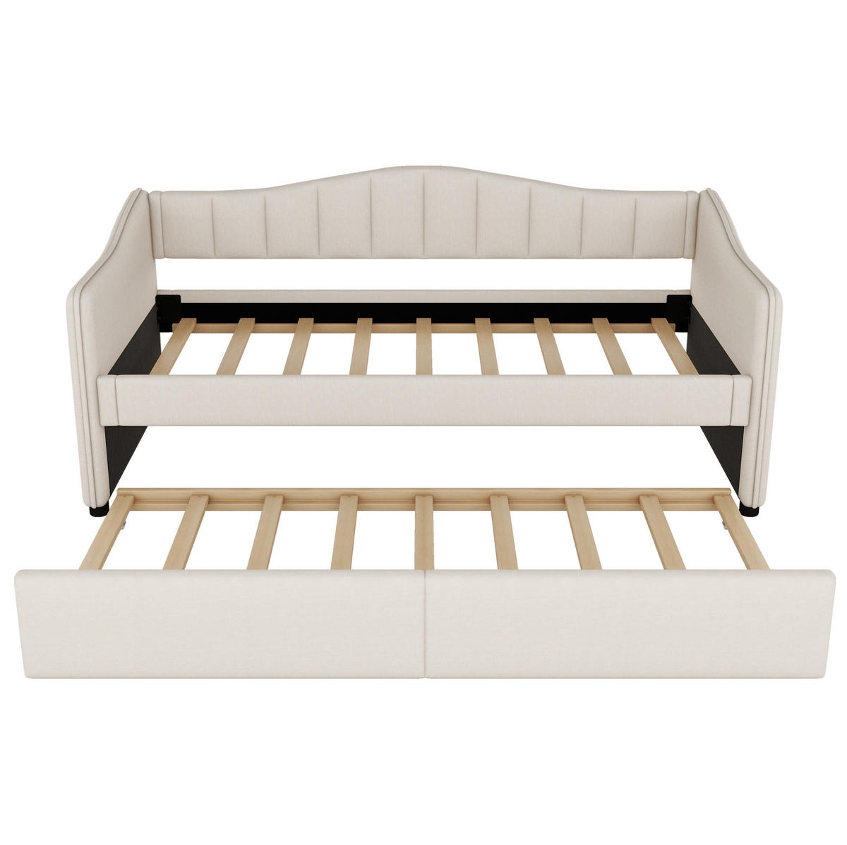 POLSTERBETT 90/200 cm Beige mit Ausziehbett und LED-Beleuchtung aus Leinen und MDF - Beige, Textil (90/200cm) - OKWISH