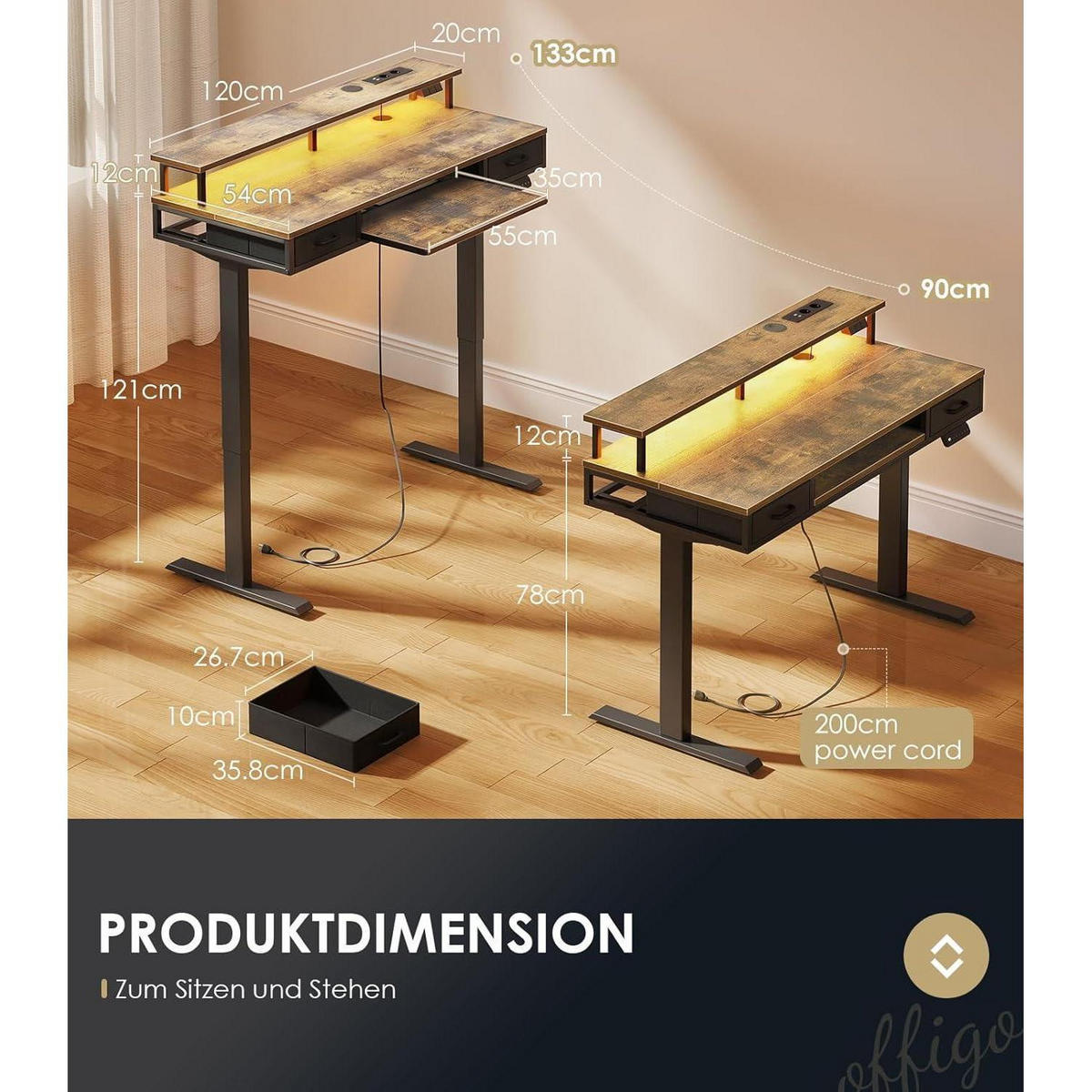SCHREIBTISCH Höhenverstellbar Elektrisch 120 cm Braun mit Schubladen und LED-Lichtleiste - Braun, Holzwerkstoff (54/120/78.5cm)