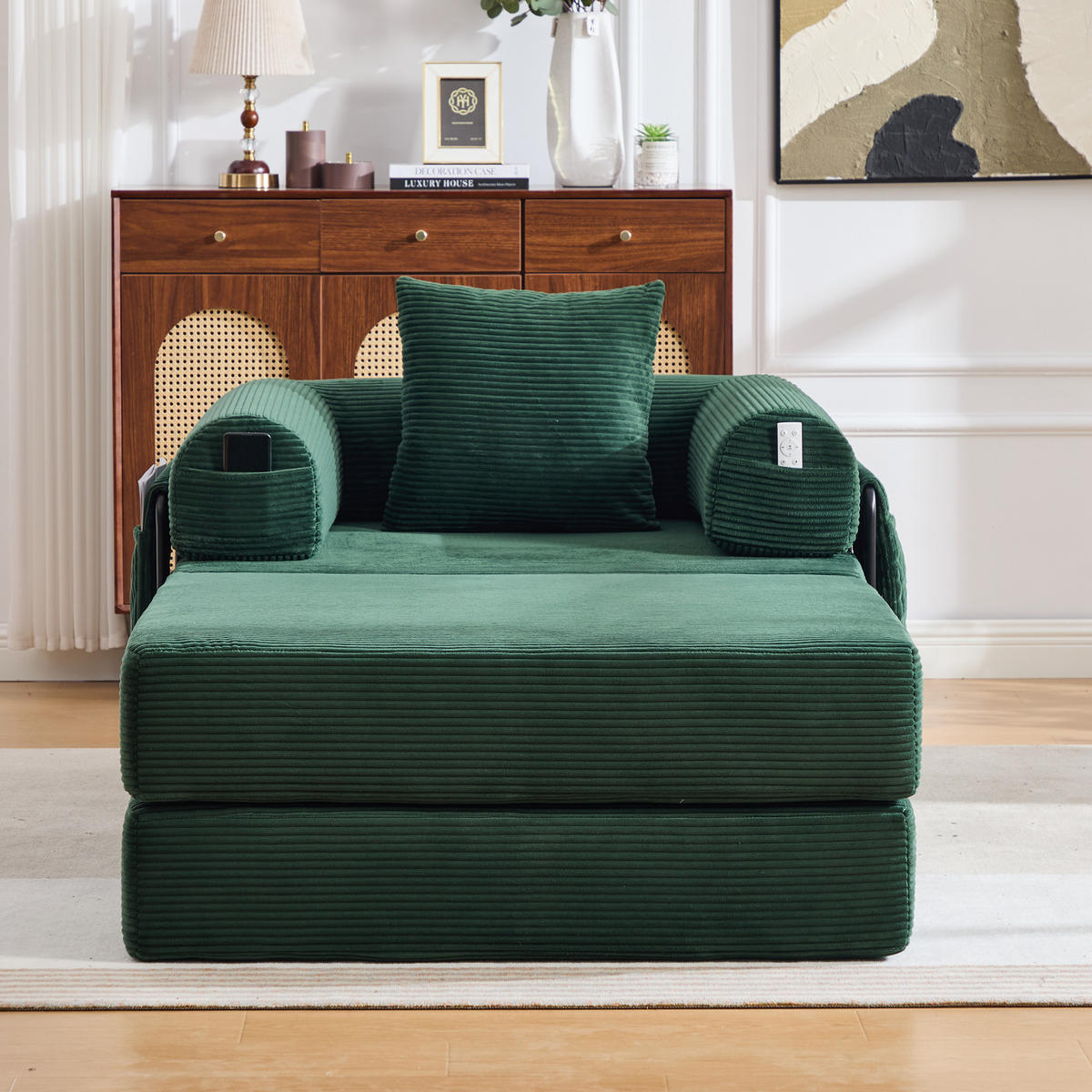 SOFA Cord Smaragdgrün mit Hocker und Kissen - Smaragdgrün, Textil/Metall (112/67/190cm) - WISHDOR