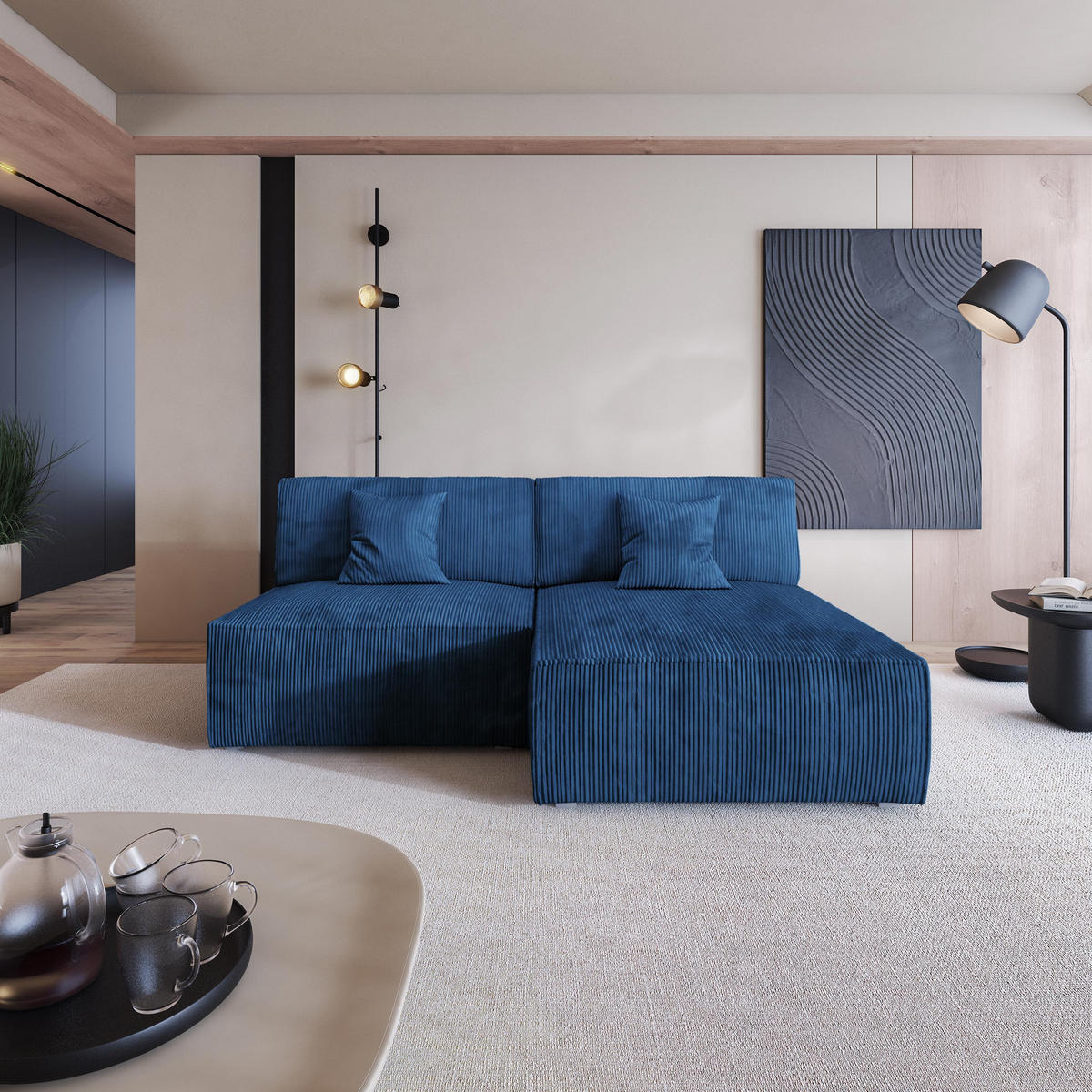 ECKSOFA FIORO P Blau Kordstoff mit Schlaffunktion - Blau/Grau, Holz/Kunststoff (204/148cm) - MASSENO
