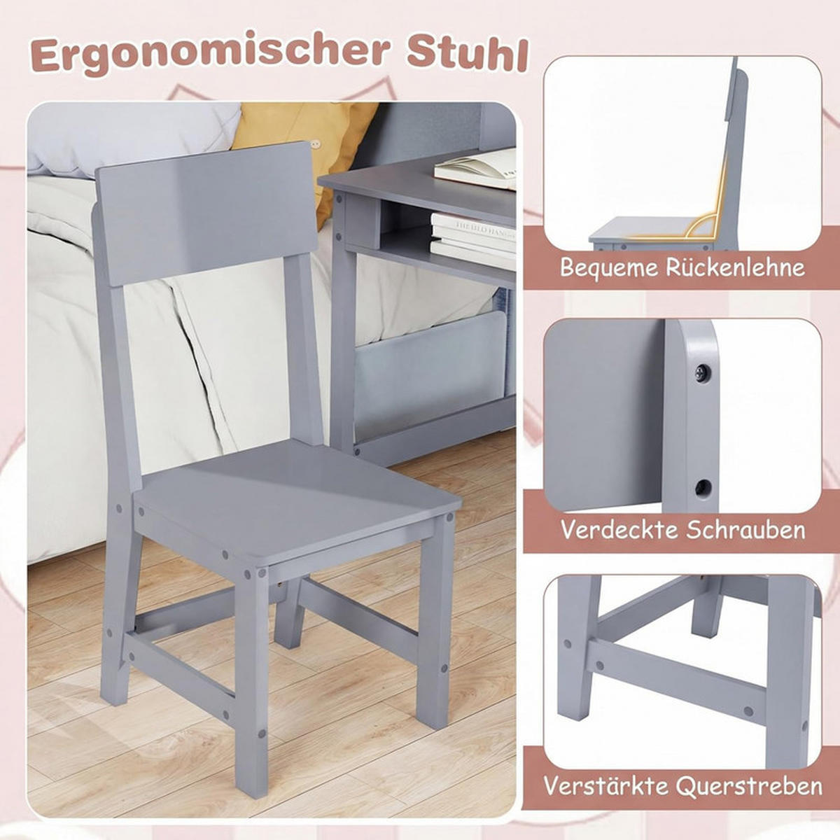 KINDERSCHREIBTISCH-SET aus Holz grau(2-tlg) - Grau, Holzwerkstoff (110/110/60cm) - COSTWAY