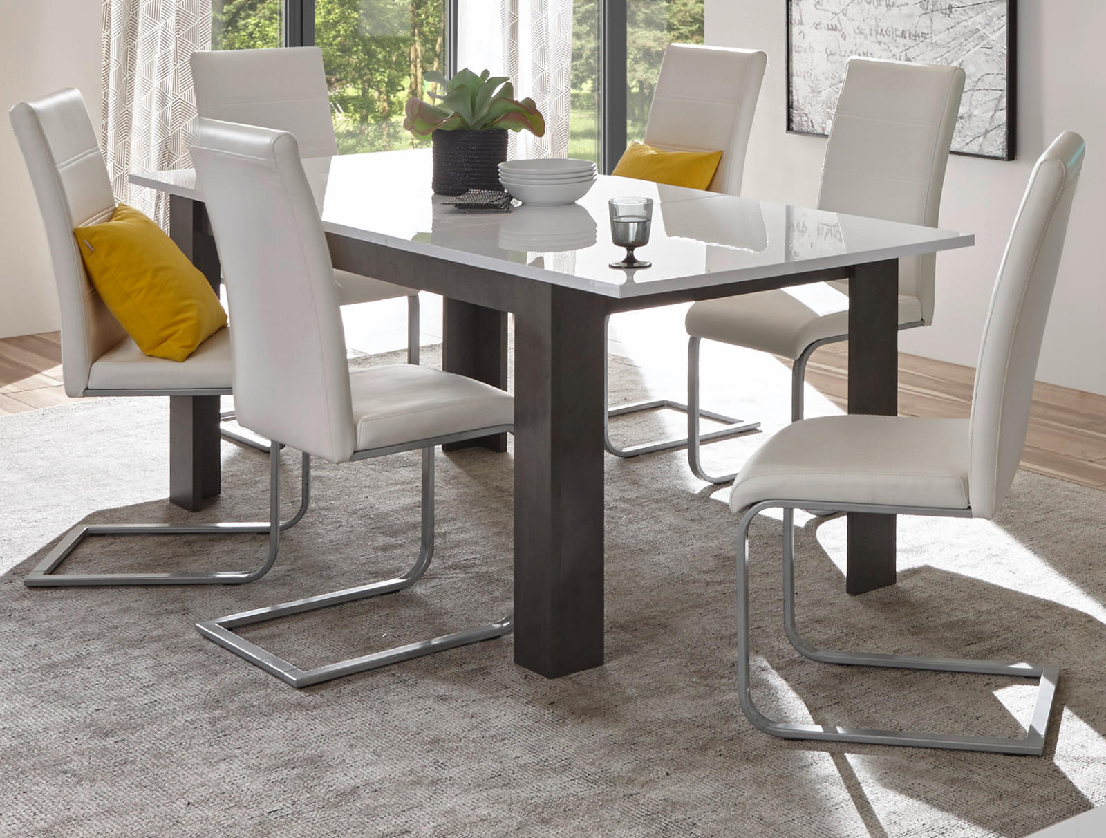 ESSTISCH weiß Hochglanz, grau Stone 158 - 200 cm, Küchentisch ausziehbar - Weiß Hochglanz/Grau, Holzwerkstoff (158/88/75cm) - Furn.Design