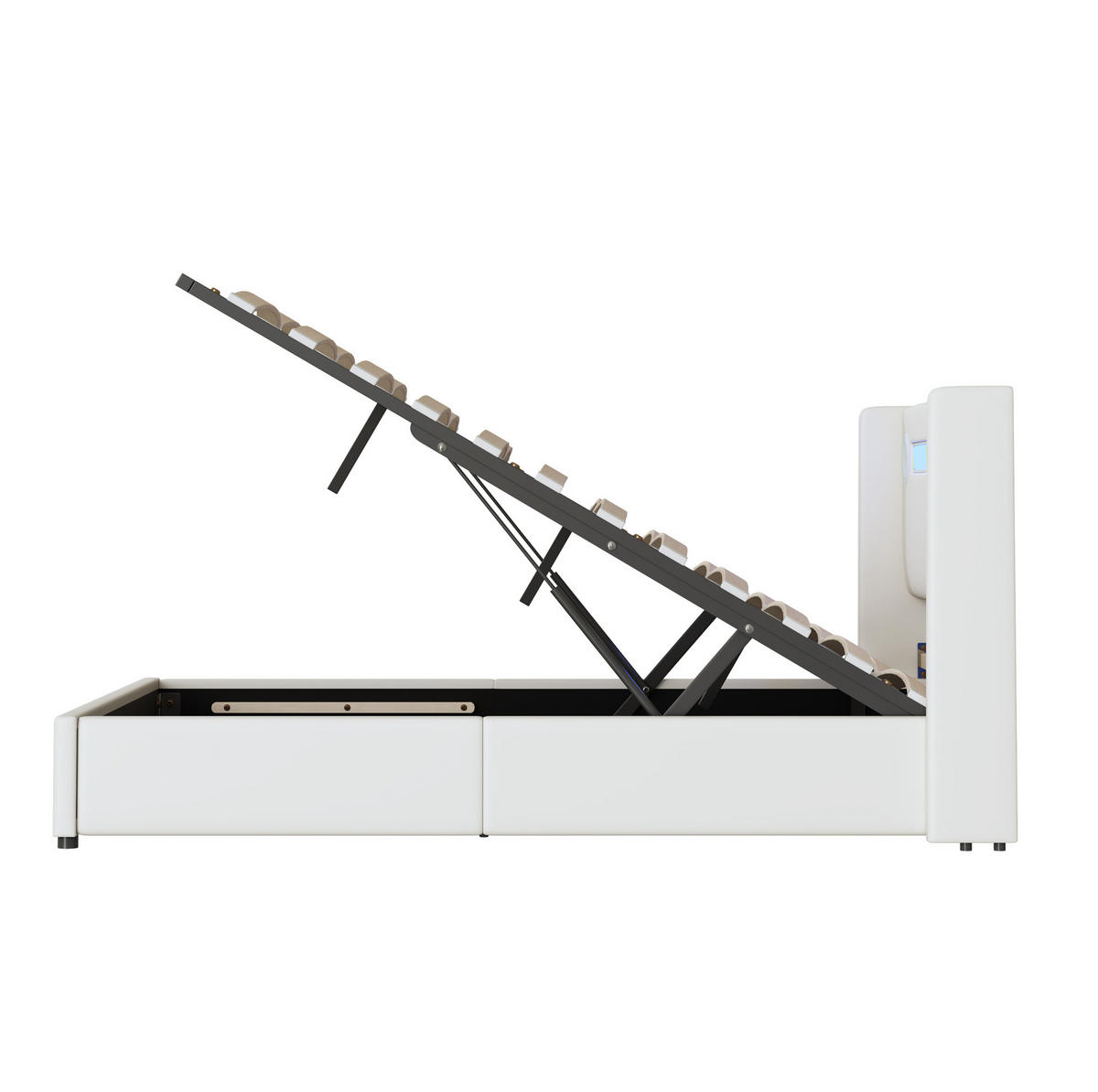 POLSTERBETT 140/200 cm mit LED-Beleuchtung, Bluetooth-Lautsprecher, USB-Anschlüssen und hydraulischem Bettkasten, Weiß - Weiß, Kunststoff (140/200cm) - Redom