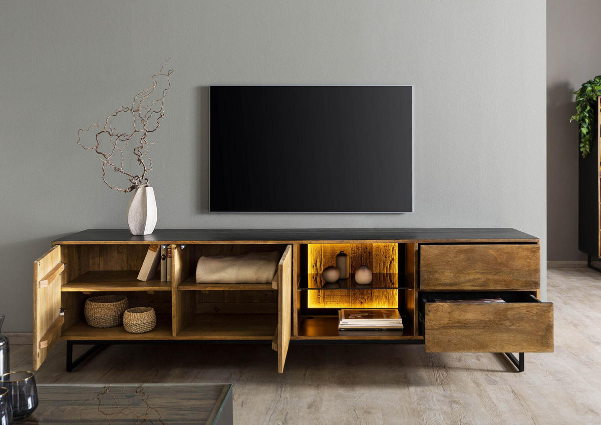 TV-BOARD Mango / Altholz 220x47x60 schwarz / natur lackiert DAVIS #22 - Schwarz, Holzwerkstoff (220/60/47cm) - Massivmoebel24