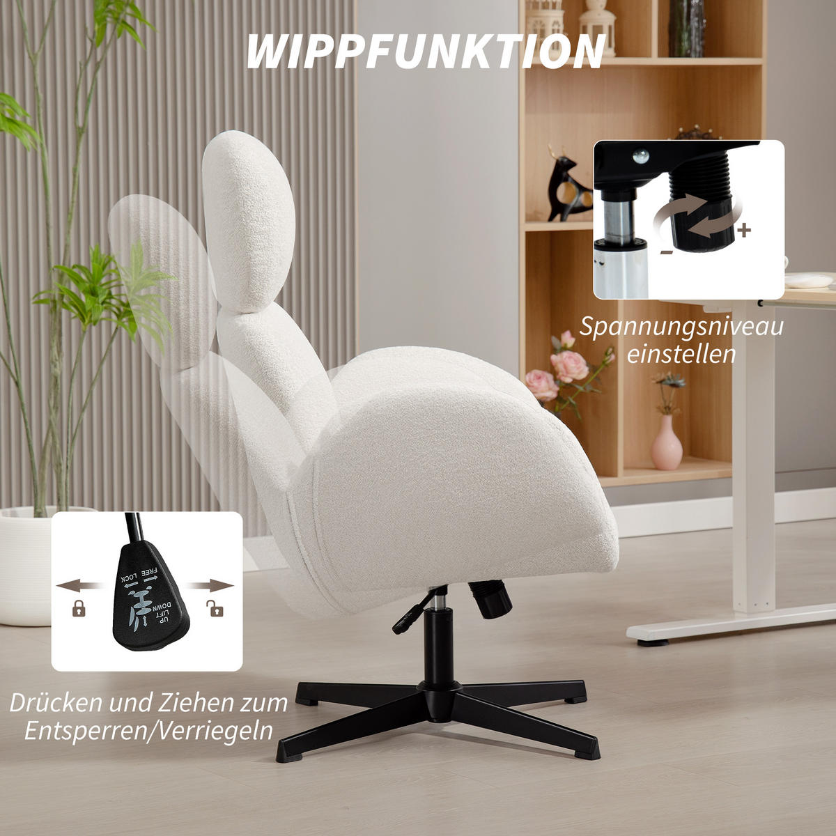 SCHREIBTISCHSTUHL mit Samtoptik Hoher Rückenlehne Creme - Creme/Schwarz, Textil (67/113/68cm) - HOMCOM