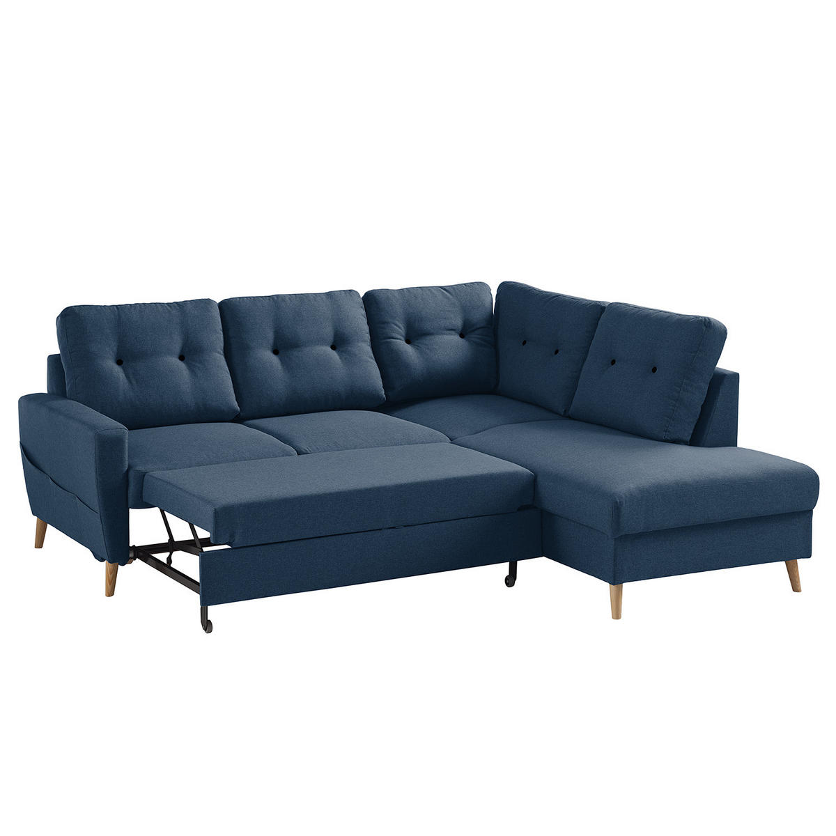 ECKSOFA mit Ottomane - Webstoff - Hellbraun/Blau, Holz/Textil (230/200cm) - home24