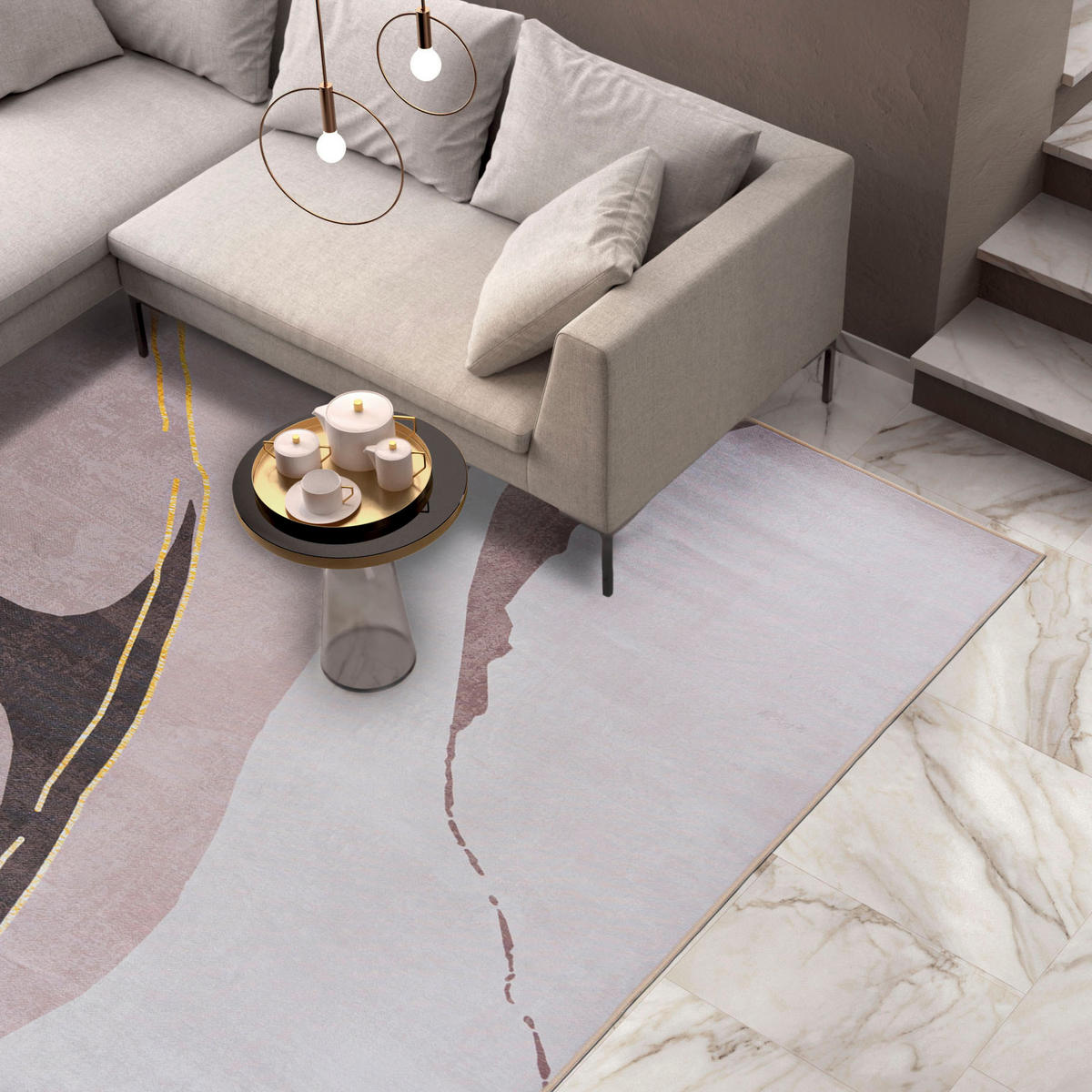 TEPPICH Beige Modern Geometrisch, Glamour - Kurzflor Rechteckig, Modern, Stilvoll - 140 x 200 cm - Ecru/Hellrosa, Textil (140/200cm) - Mazovia