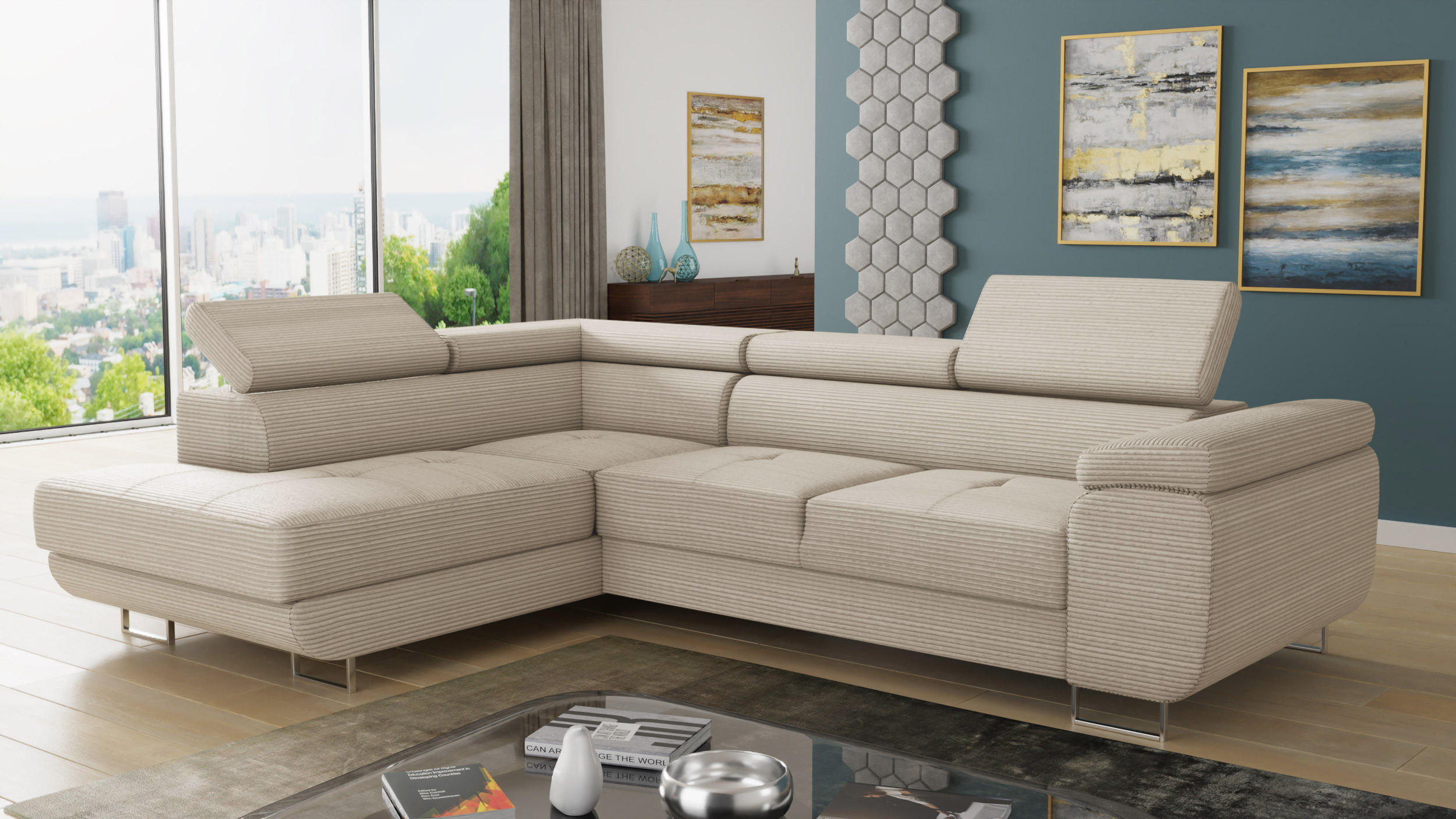 ECKSOFA Caris Cord, Seite: Links - Beige, Holz/Textil (273/203cm) - Sofnet