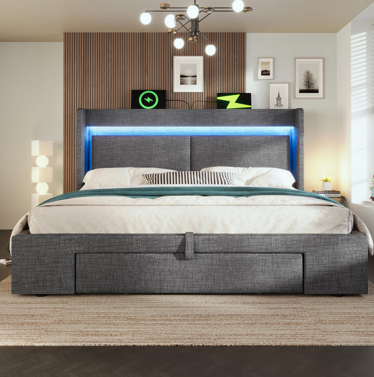 POLSTERBETT mit Stauraum, LED und USB 140x200 cm Leinen Grau - Grau, Metall (140/200cm) - Meubliv