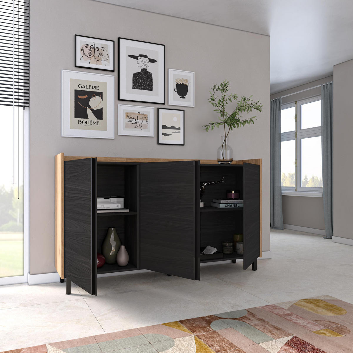 SIDEBOARD, Schwarz und Eiche, 156/35/91cm, mit Beinen - Schwarz, Holzwerkstoff (156/91/35cm) - Skraut Home