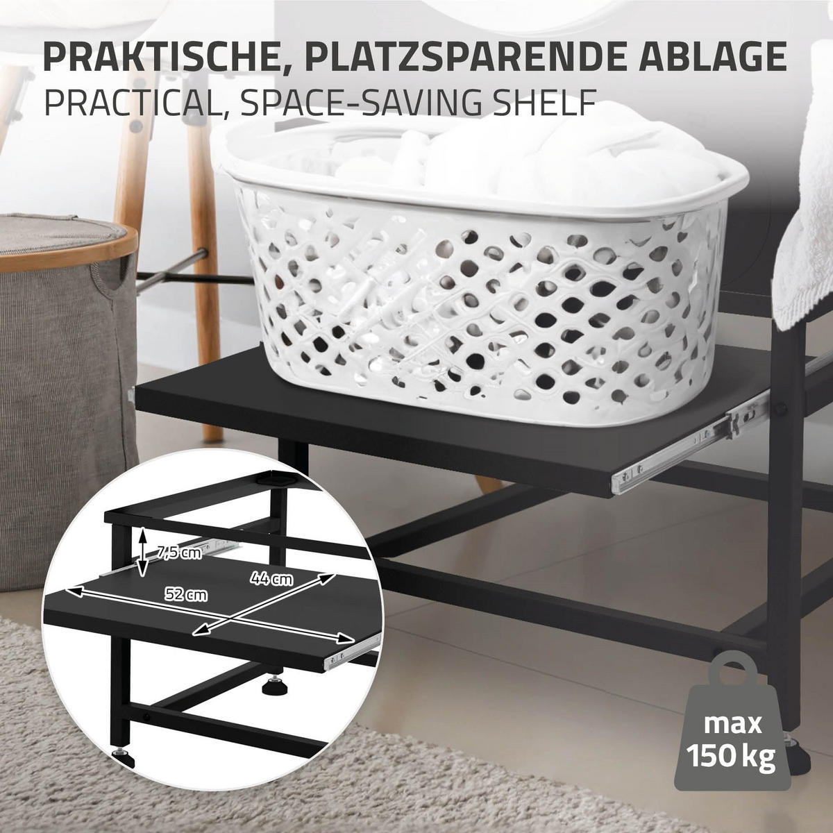 PODSTAVEC POD PRAČKU s výsuvnou odkládací plochou, černý, 62,5 x 53,5 cm - černá, kov (62.5/45/53.5cm) - ML-DESIGN