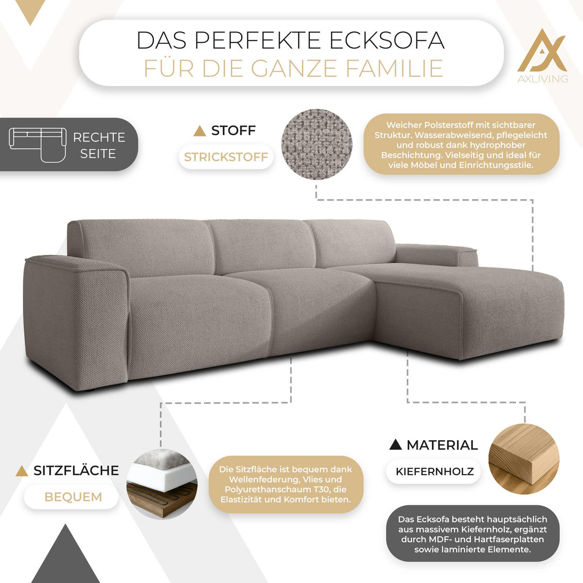 ECKSOFA L Form Didim mini Beige 310/165/78 cm – stilvolle kleine Eckcouch R - Beige/Schwarz, Kunststoff/Textil (310/165cm) - AX Living