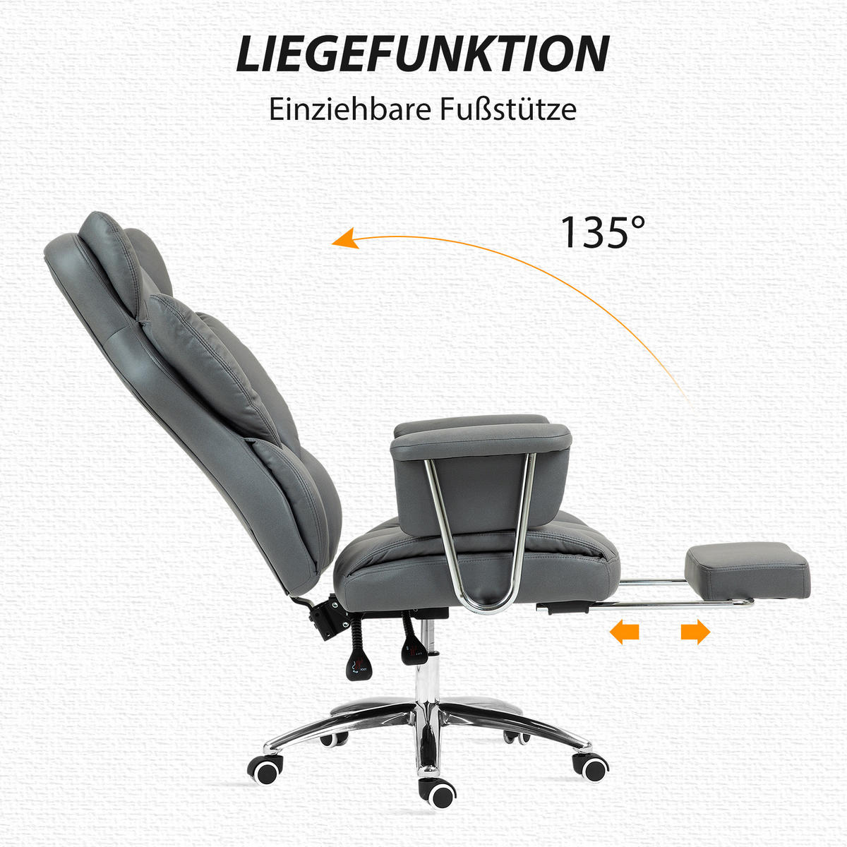 BÜROSTUHL mit Liegefunktion, ergonomisch Schreibtischstuhl, Drehstuhl Dunkelgrau - Chromfarben/Dunkelgrau, Textil/Metall (65/128/74cm) - HOMCOM