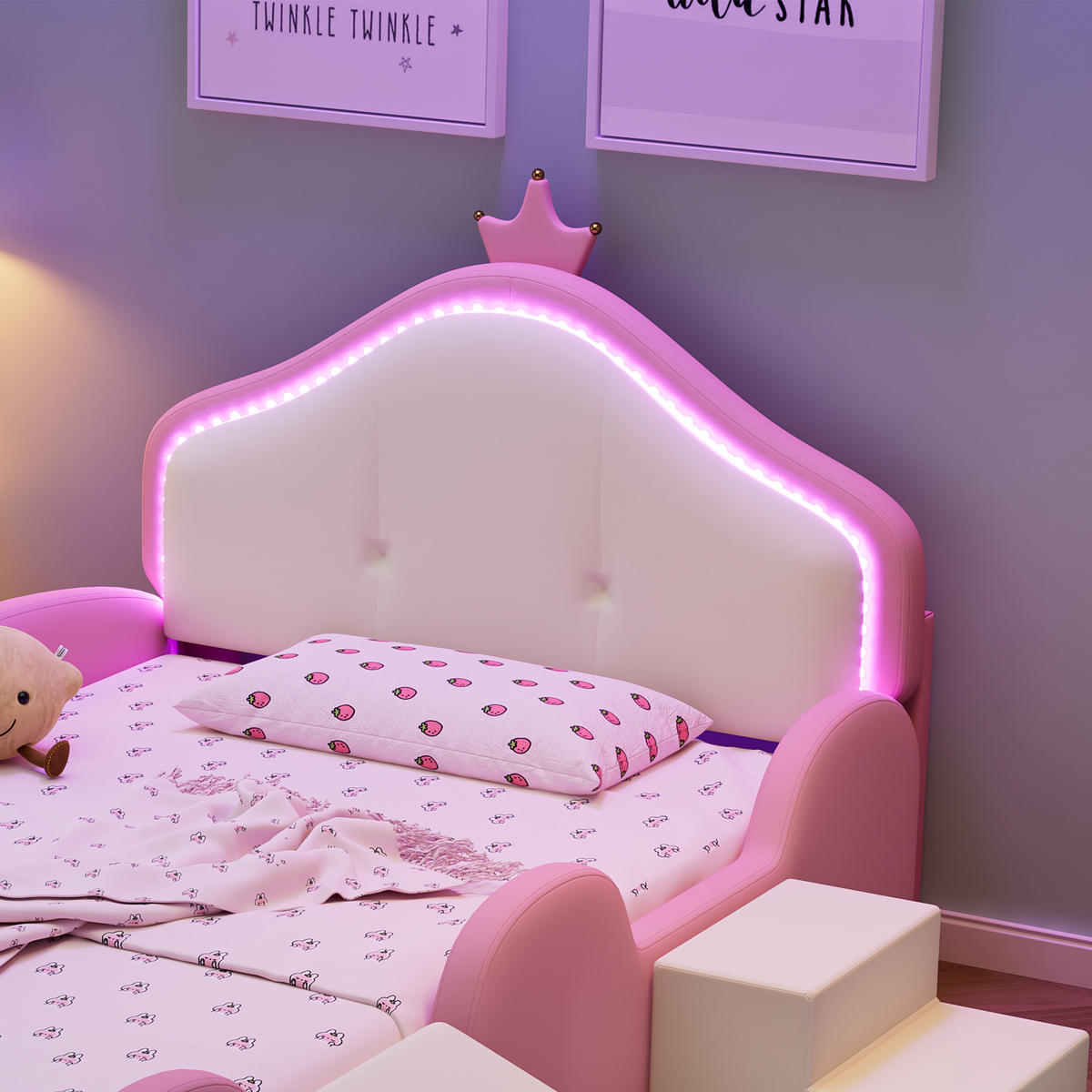 KINDERBETT 90/200 cm Crown Cartoon Rosa mit Rutsche und LED-Beleuchtung aus PU - Rosa, Kunststoff (90/200cm) - OKWISH