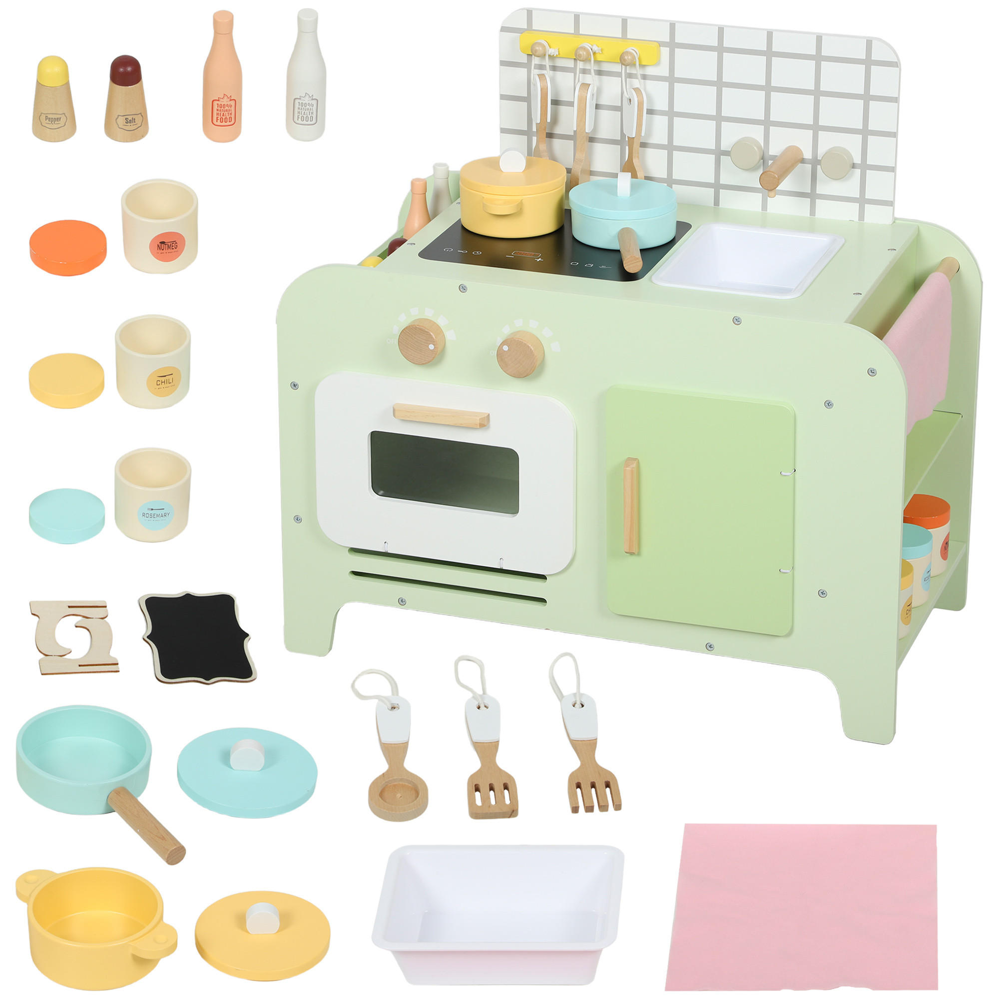 KINDERKÜCHEN-SPIELSET DE-10517 mit Schränken & 15 Zubehör Grün - Grün, Holzwerkstoff (60/31.6/58cm) - ComfortXL
