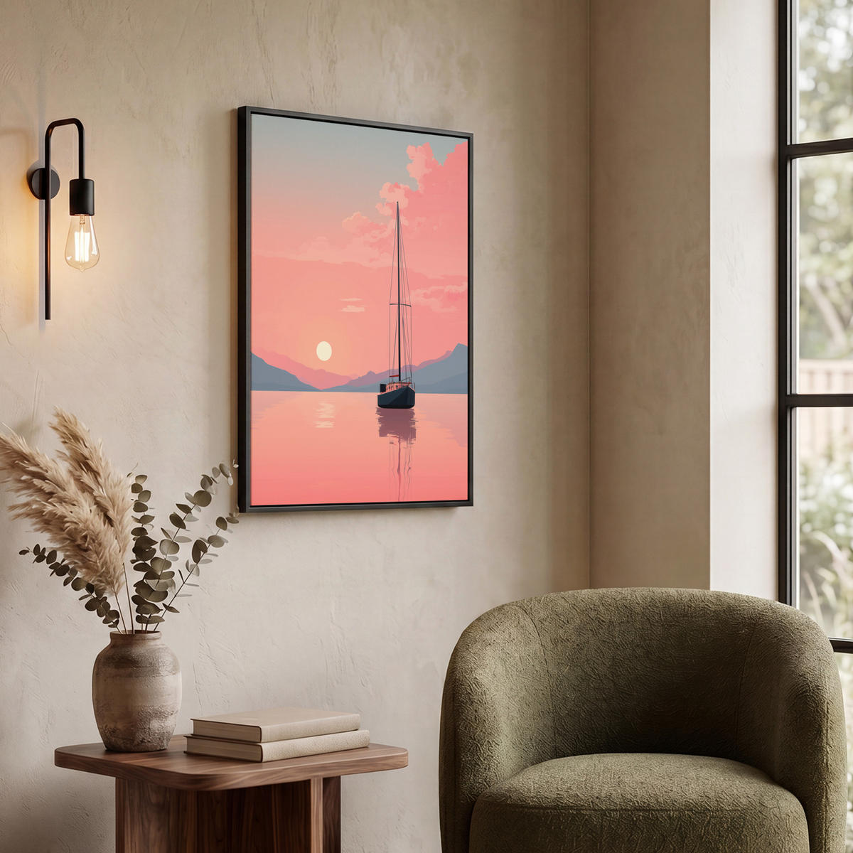 LEINWAND Bilder mit Rahmen - Segelboot - Rosa Meer - Sonnenuntergang - Berge - 60x80 - Rosa, Textil (60/80cm) - MuchoWow