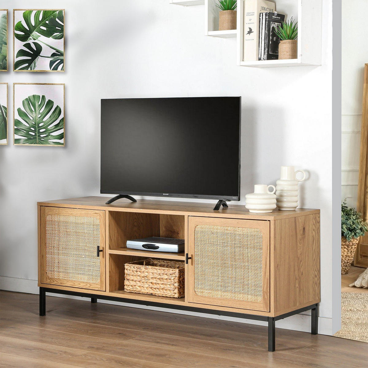 TV-MÖBEL mit 2 Türen, Rattangeflecht und 2 Ablagen - L120cm - Apfelbaumfarben, Holzwerkstoff (39/51/120cm) - Calicosy