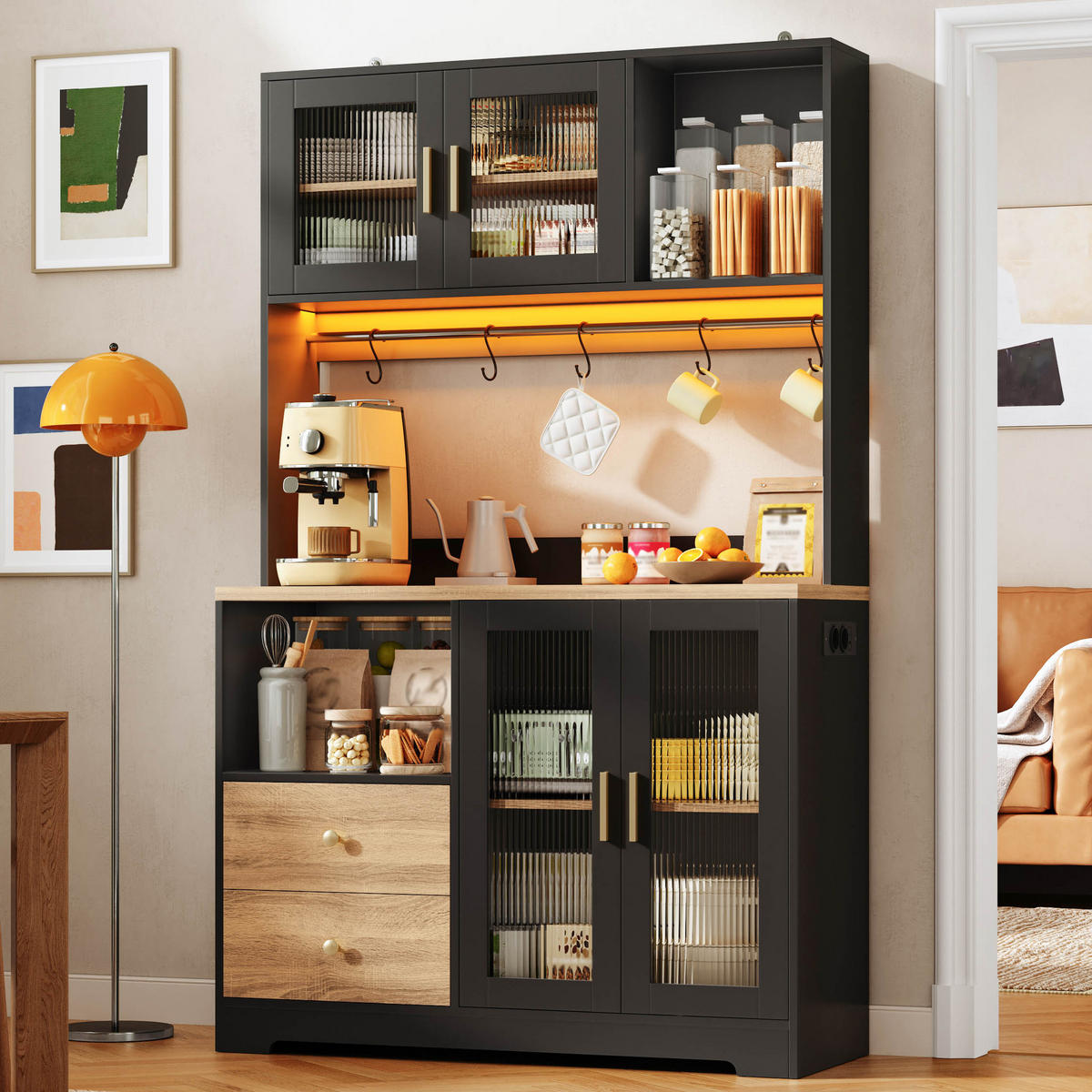 BUFFET 178 cm MDF Schwarz Holzoptik mit RGB-LED und Weinregal - Schwarz, Holzwerkstoff (40/178/110cm) - Korfee