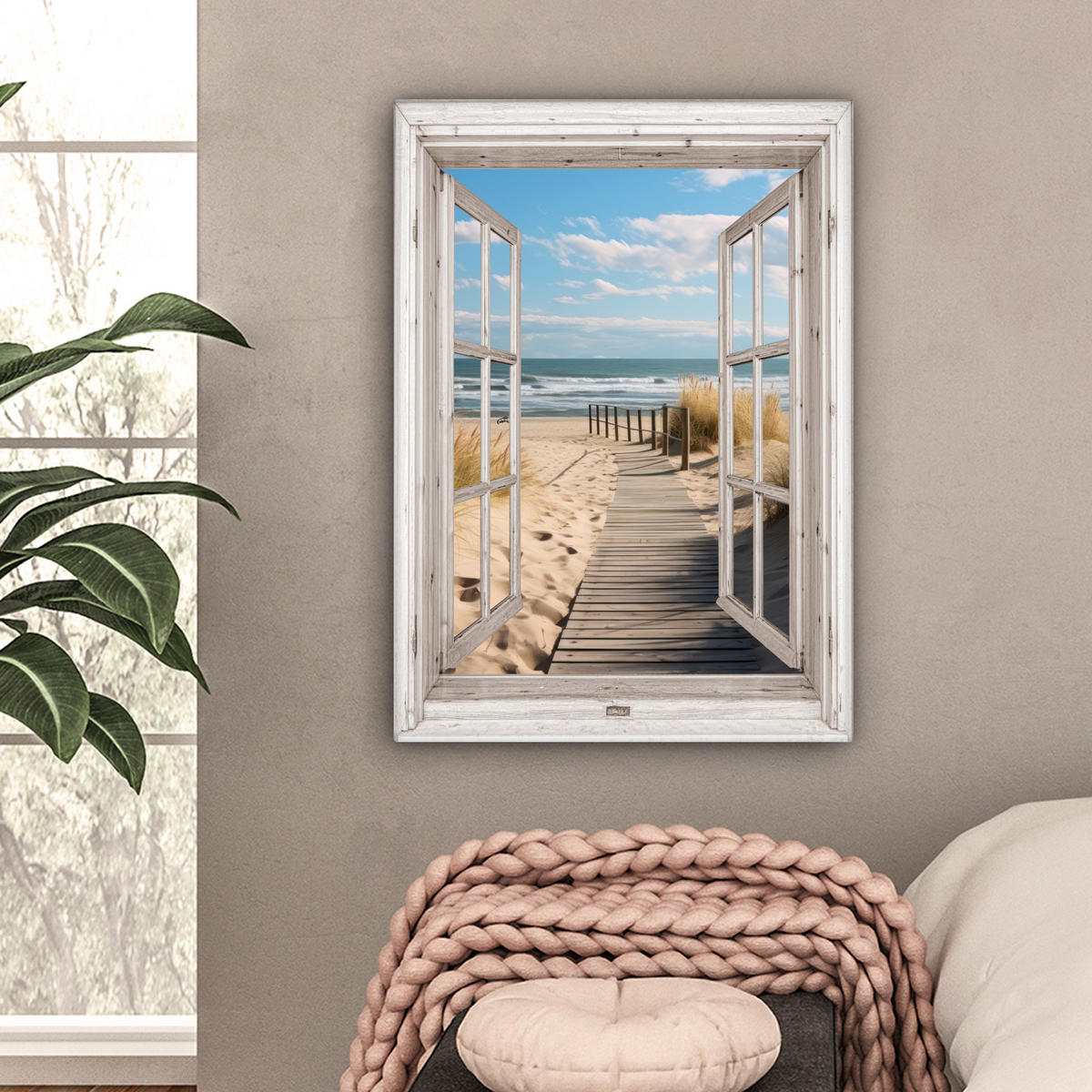 LEINWANDBILD Fenster - Meer - Küste - Natur - Ausblick - Strand - Wattenmeer 60x80 cm - Beige, Textil (60/80cm) - MuchoWow