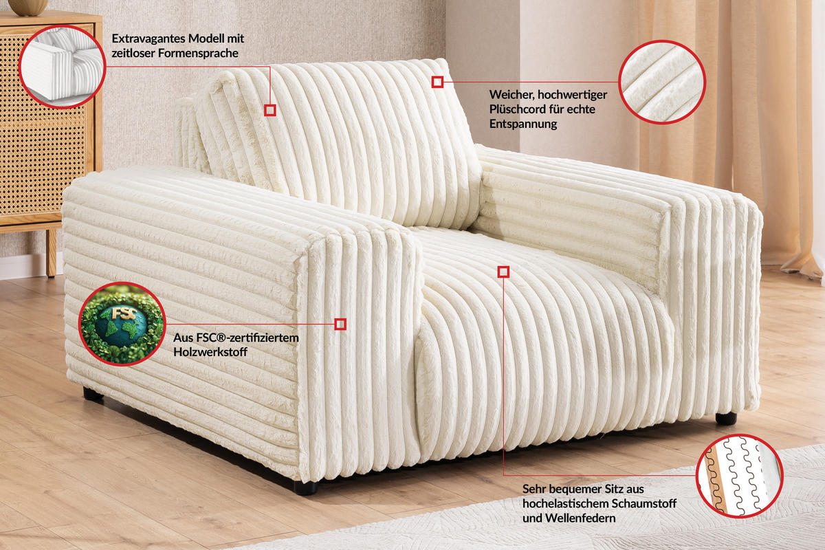 SITZGARNITUR 3+1 Mollis Hellbeige Plüschcord - Beige/Schwarz, Holz/Kunststoff (213/79/108cm) - S-Style Möbel
