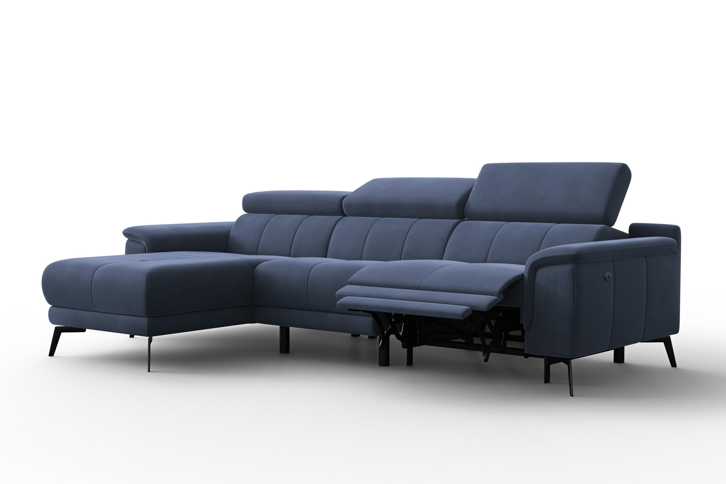 ECKSOFA FIERO 4-Sitzer LINKS, Marineblauer Veloursstoff - Blau/Schwarz, Holz/Textil (288/170cm) - Courtois Laville
