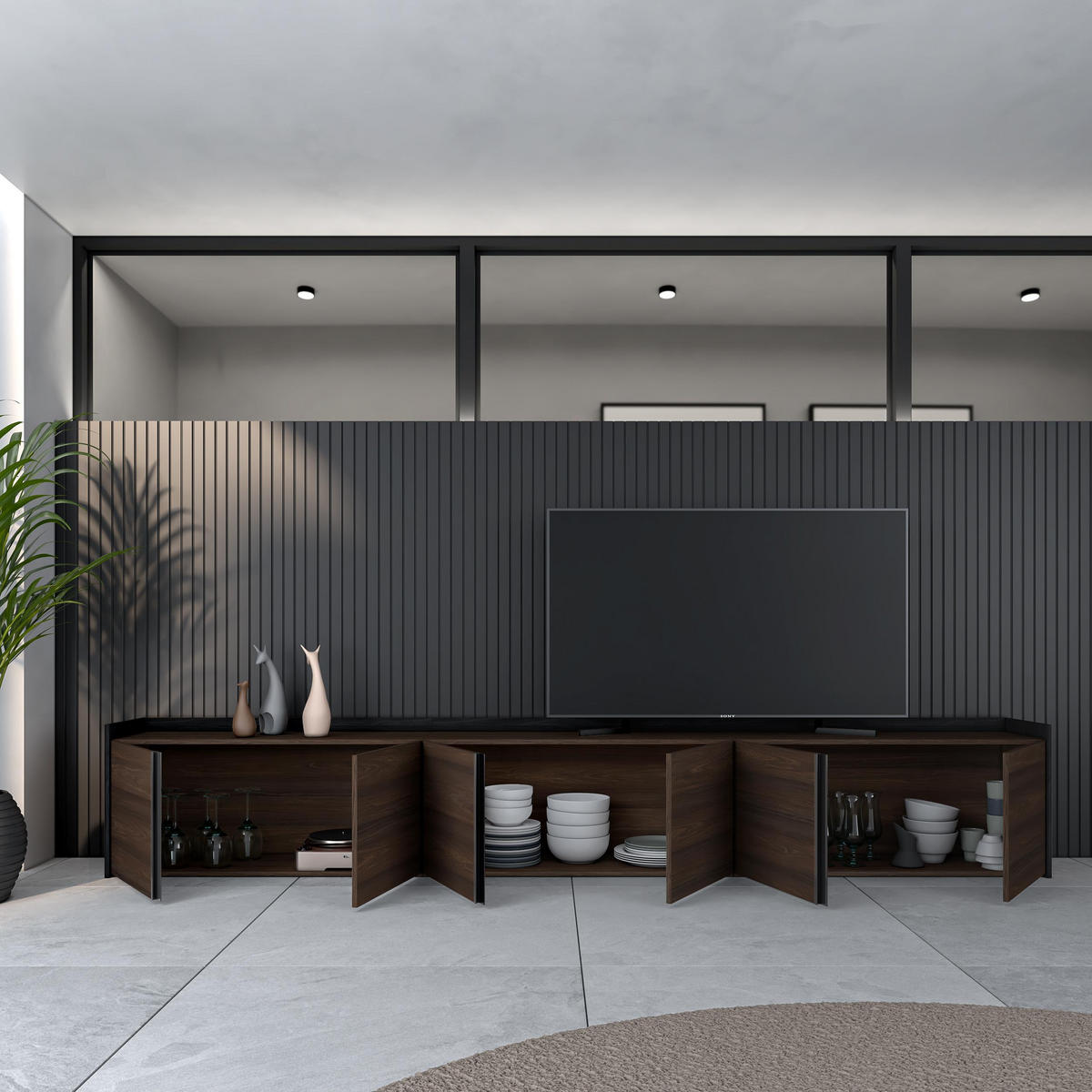 LOWBOARD, Dunkler Eiche und Schwarz, 309/35/50cm - Dunkelbraun, Holzwerkstoff (309/50/35cm) - Skraut Home