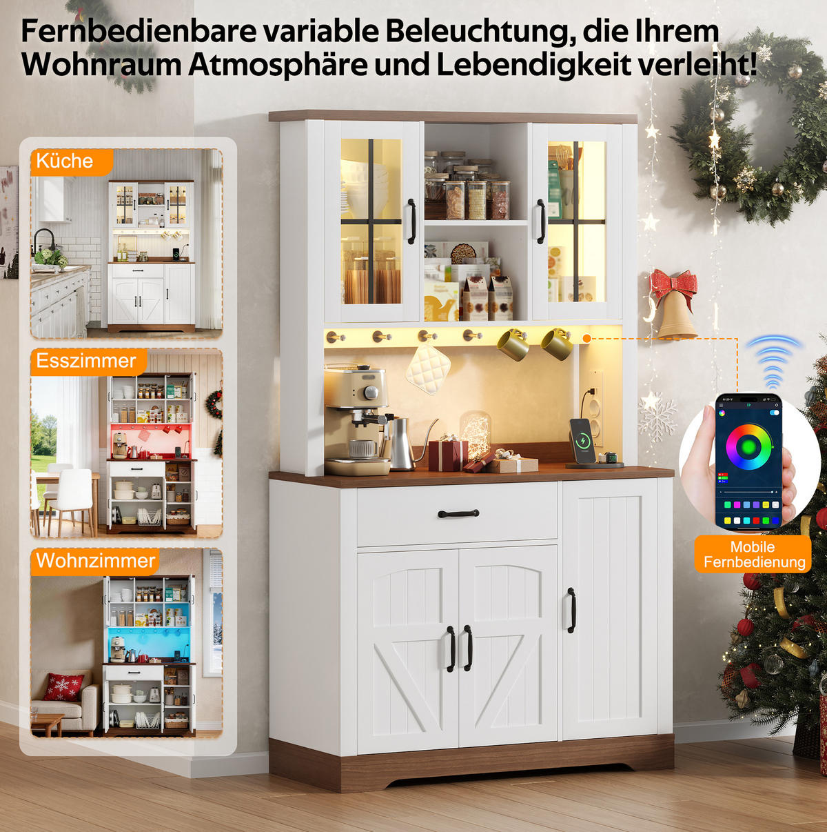 BUFFETSCHRANK 105/40/185 cm aus MDF mit LED-Beleuchtung, Steckdosenmodul und verstellbaren Einlegeböden, Natur/Weiß - Naturfarben, Holzwerkstoff (105/185/40cm) - Redom