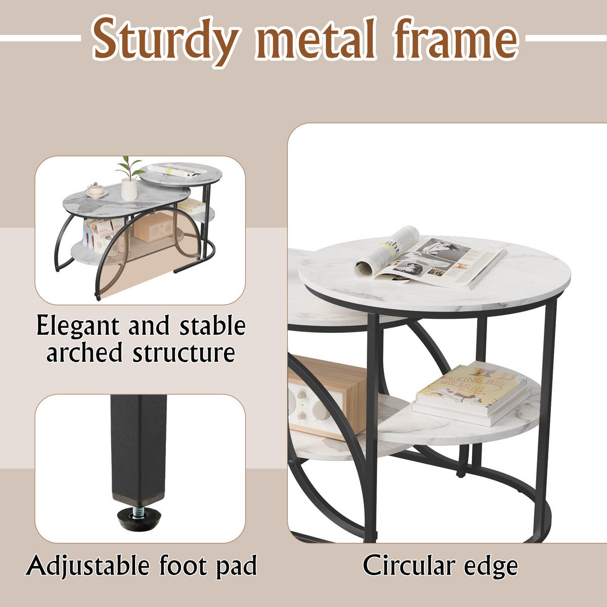 COUCHTISCH 2er Set rund Marmoroptik Metall schwarz weiß - Weiß, Holz (46/80/45cm) - LEBENLANG