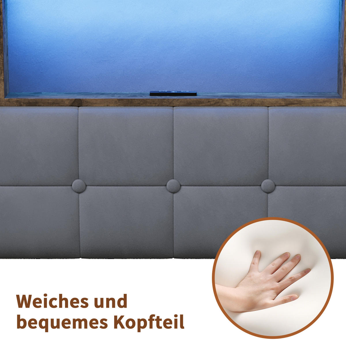 POLSTERBETT 160x200cm mit LED-Beleuchtung, Ladestation & Stauraum - Grau, Holz - SHOPENTRA