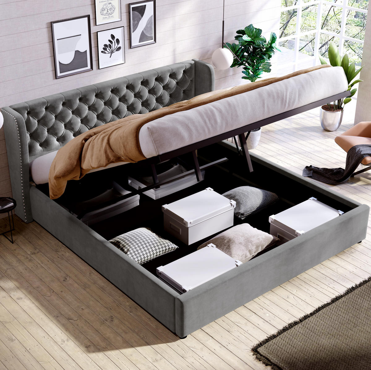 POLSTERBETT 160/200 cm mit hydraulischem Bettkasten, Chesterfield-Kopfteil 99 cm, Grau - Grau, Textil (160/200cm) - Redom