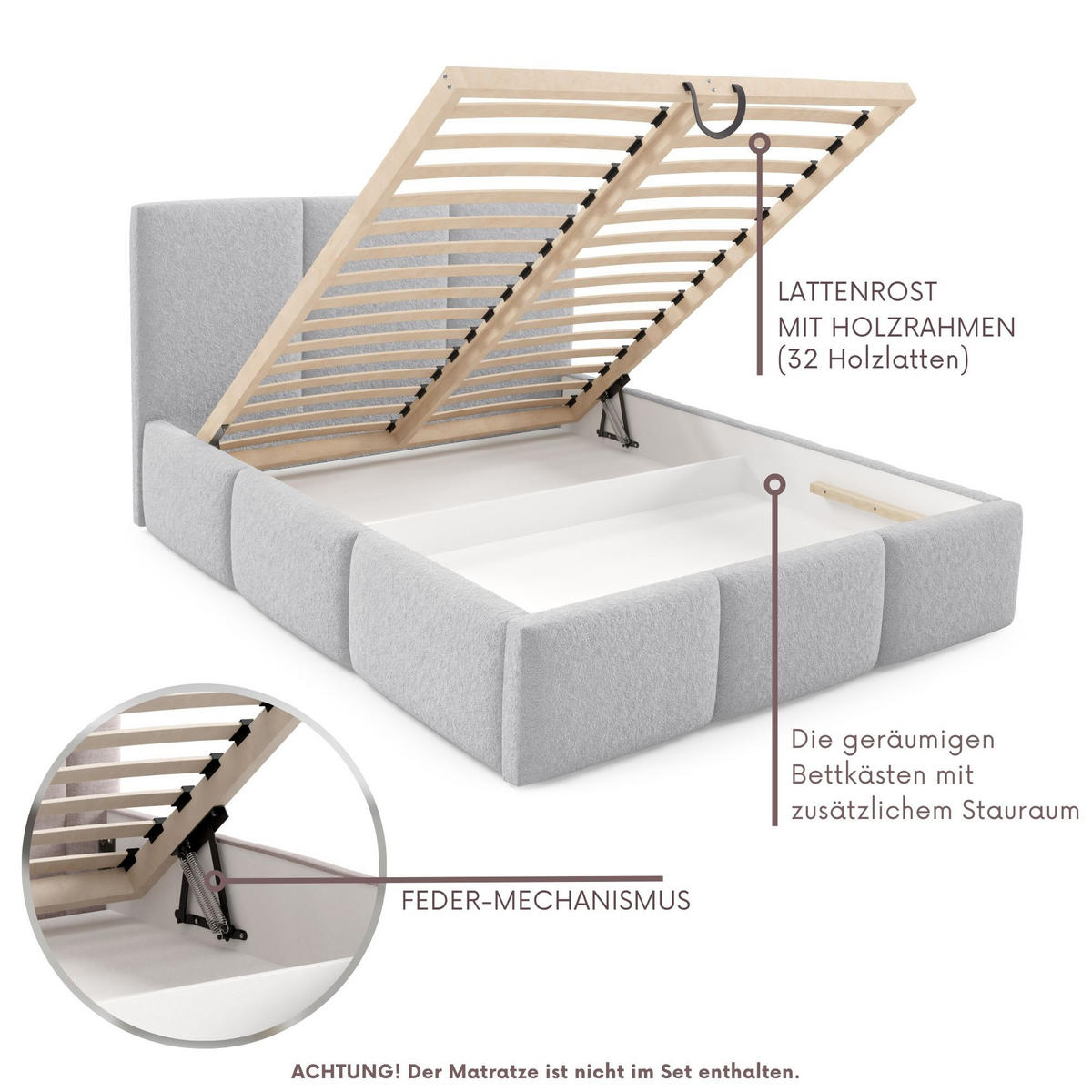 POLSTERBETT VALERIO mit Bettkasten, Bett 180x200,Doppelbett,Lattenrost,Boxspringbett-Optik,ohne Matratze,Schlafzimmer-Grau - Grau, Holz (180/200cm) - Furnistar
