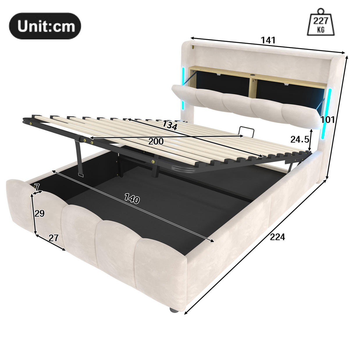 POLSTERBETT 140/200 cm mit LED-Beleuchtung, Kopfteil-Staufach, hydraulischem Bettkasten, USB und Typ-C, Samt, Beige - Beige, Textil (140/200cm) - Redom
