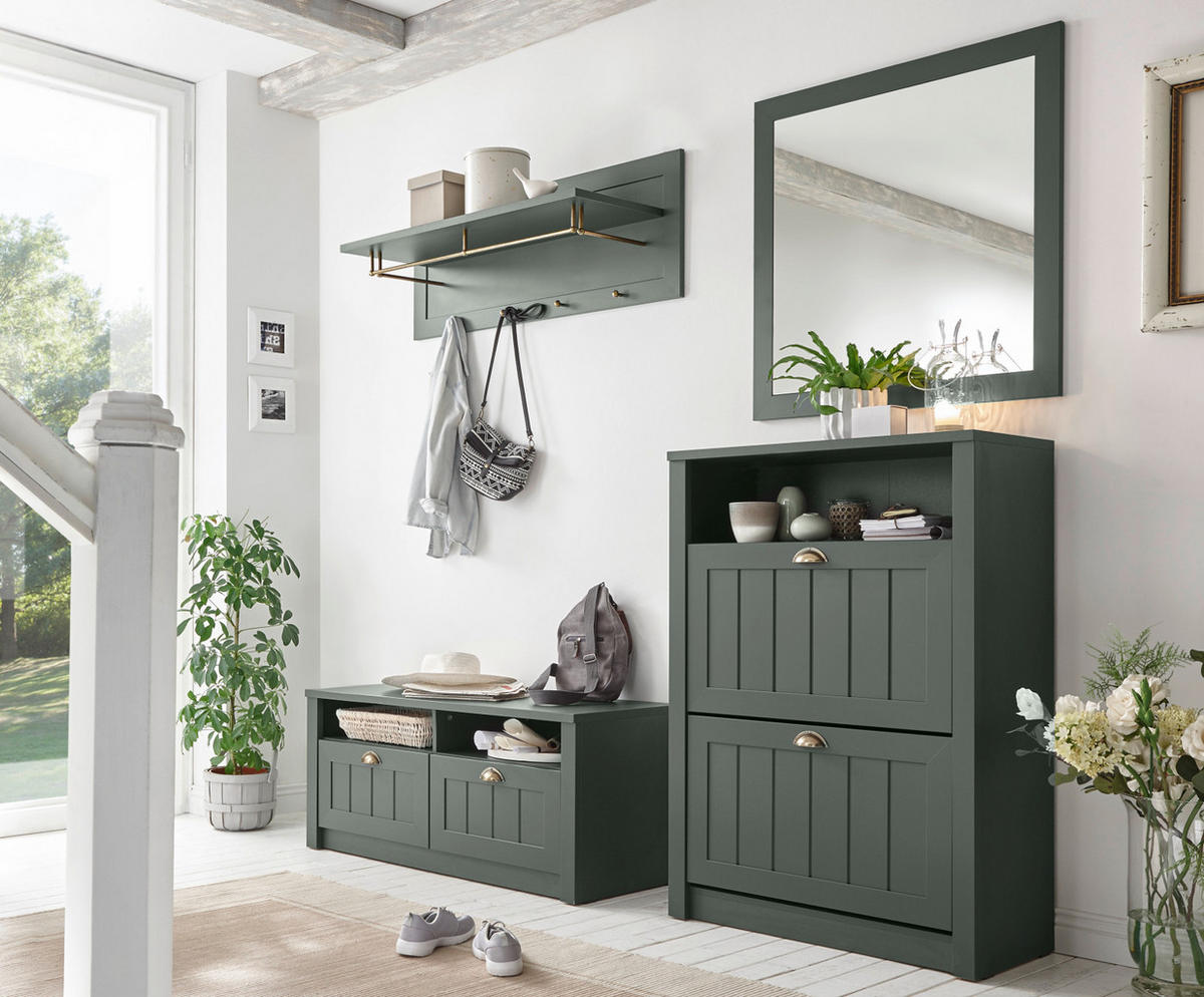 GARDEROBENKOMBINATION grün, Landhausstil, Garderobe Set 4-teilig 212 x 198 cm - Dunkelgrün/Goldfarben, Holzwerkstoff/Kunststoff (213/198/43cm) - Furn.Design