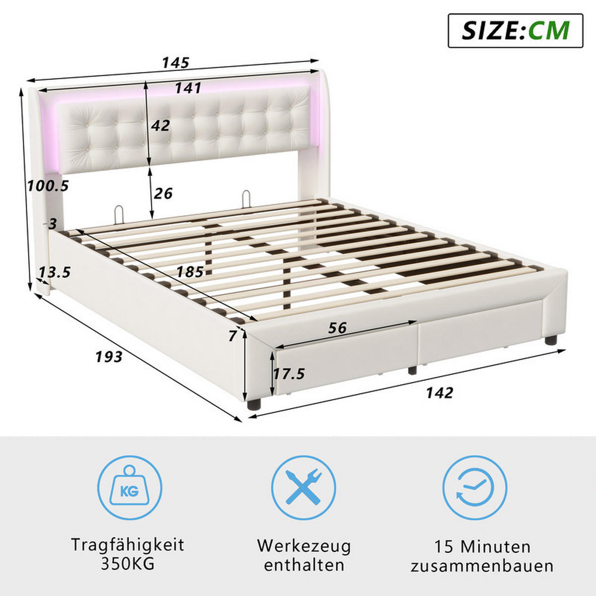 POLSTERBETT mit Stauraum, 140 x 190 cm, mit LED-Beleuchtung, 2 Schubladen, Samt/Beige - Beige, Holzwerkstoff/Textil - WoodenAura