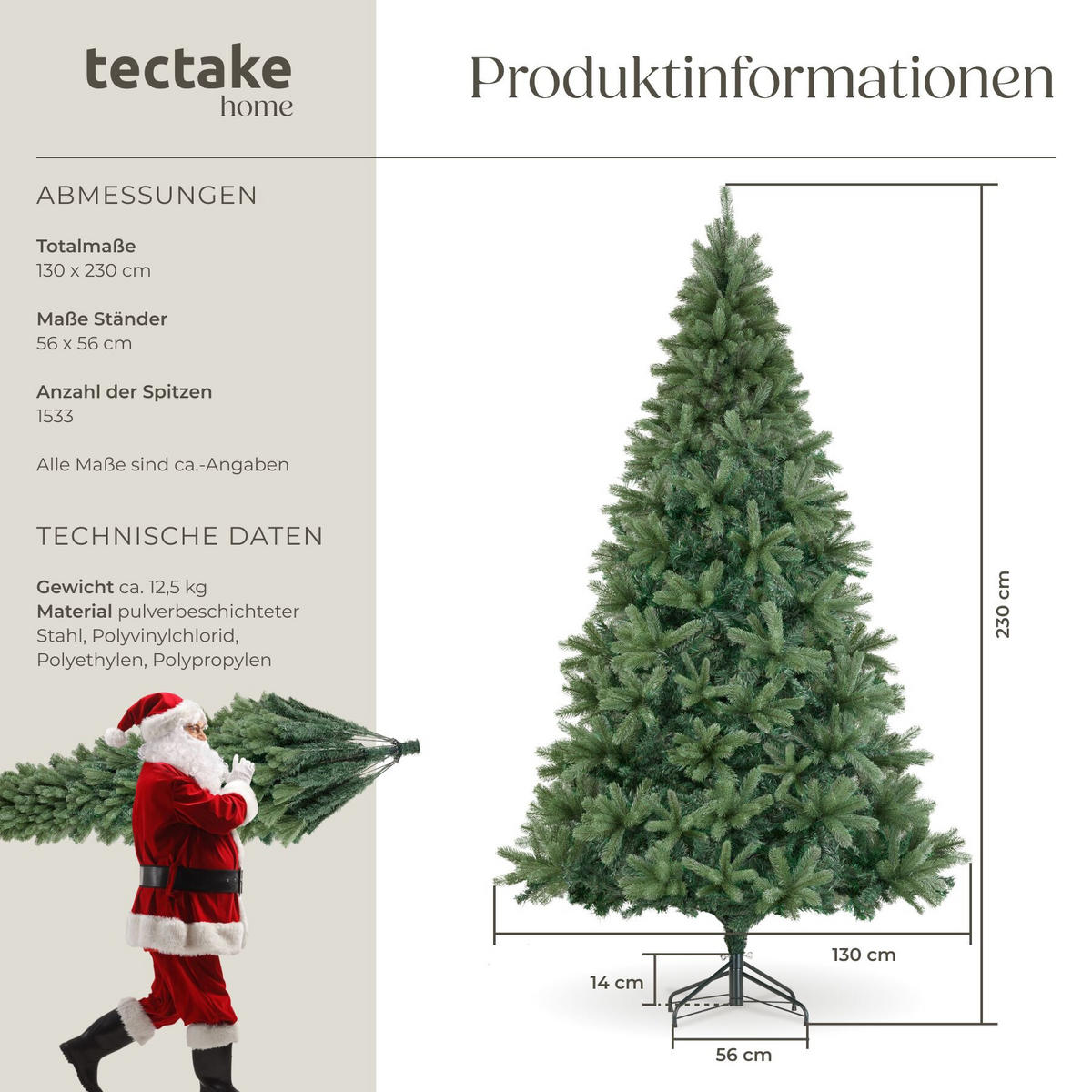 WEIHNACHTSBAUM Prancer, pulverbeschichteter Metallständer mit Kunststoffkappen, grün - Grün, Kunststoff (230cm) - tectake